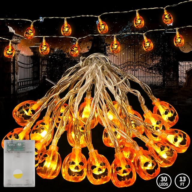 FINGOOO 3 metres 20 Pieces Pumpkin Halloween String Lights Pumpkins Light for Halloween Indoor/ Outdoor Decoration