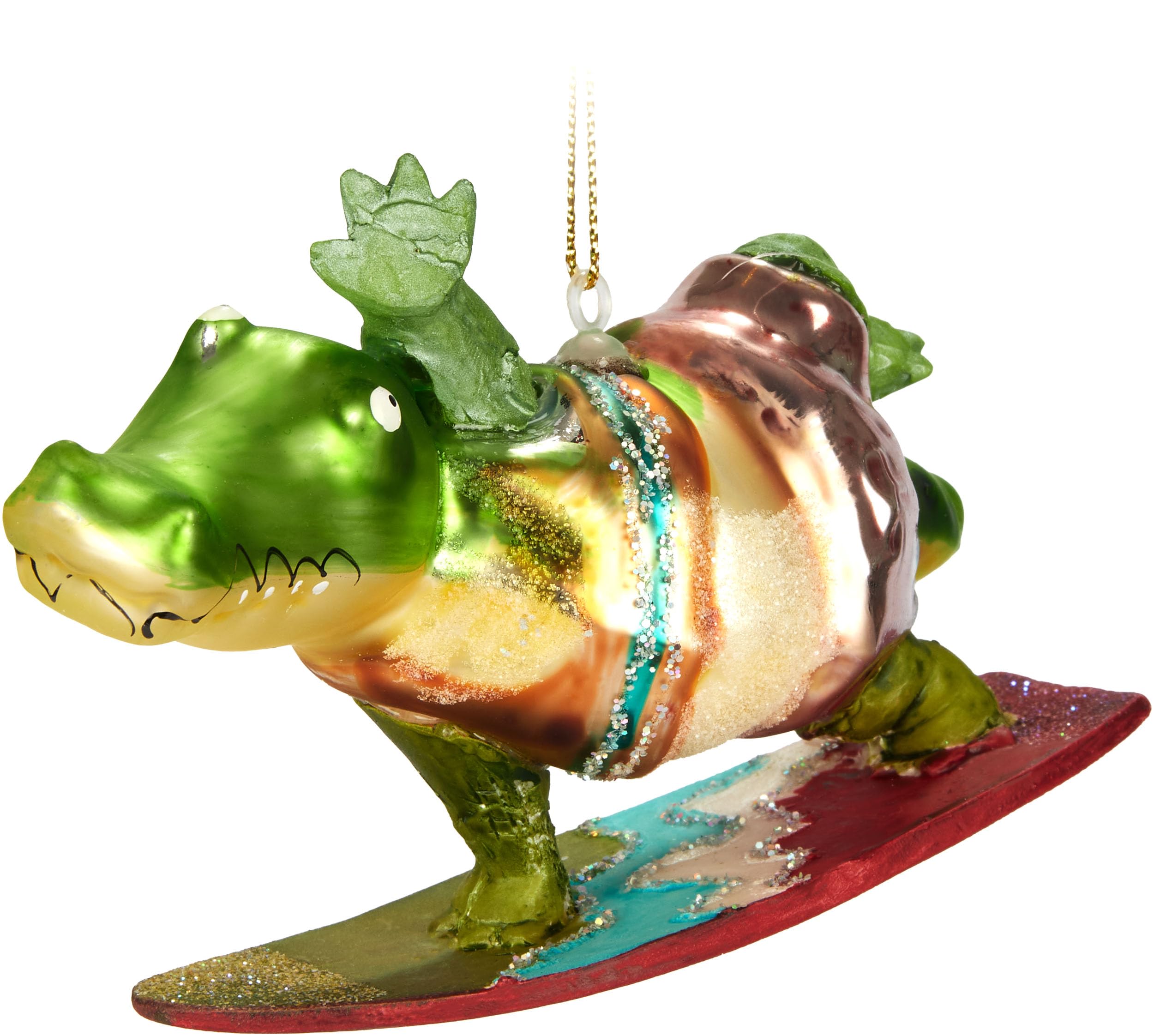 BRUBAKER Surfing Crocodile - Glass Christmas Bauble - Lifeguard Croco on Surfboard - Hand-Painted and Mouth-Blown - Humorous Tree Decoration Figure - Funny Hanging Ornament - 5.1 inches (13 cm)