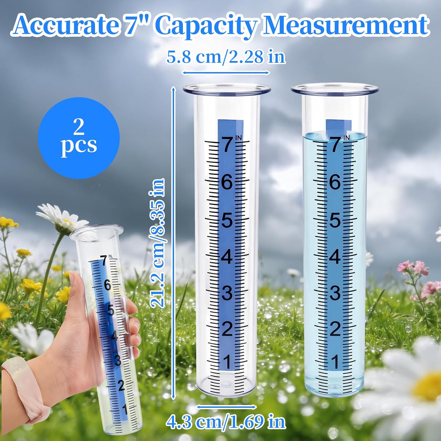 2 Pcs Plastic Rain Gauge Replacement Tube, 7" Capacity Clear Rain Gauge Outdoor Replacement Tube, Freeze Proof Crack Resistant for Garden Yard Lawn (8.3 x 1.8 Inch)