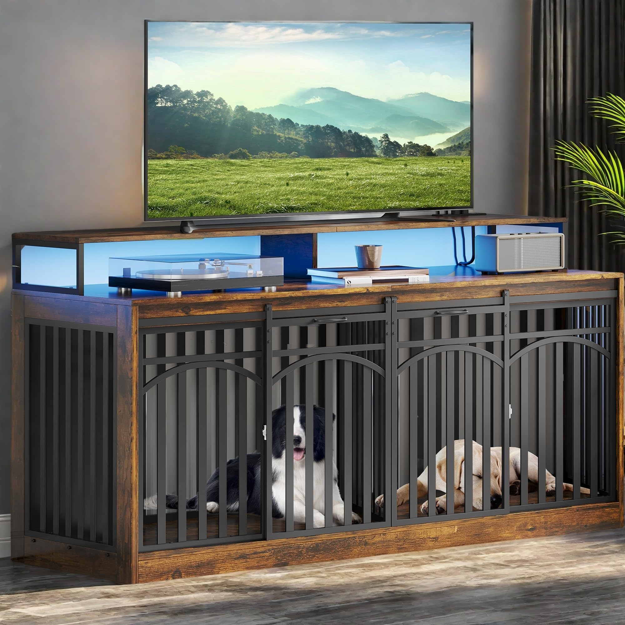 YITAHOME 71 Inch Double Dog Crate Furniture with LED Light & Power Outlets for 2 Dogs, Heavy Duty Cage with TV Stand Shelves, Dog Kennel Indoor