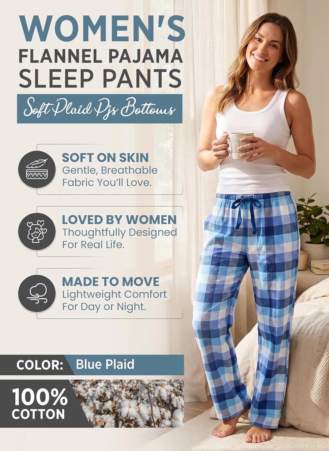 Casual Nights Women's Flannel Pajama Sleep Pants, Soft Plaid Pjs Bottoms