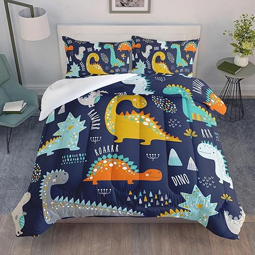 Miniatura 4 de Datura home Juego de edredón Kawaii con estampado de dinosaurio de dibujos animados con 1 edredón y 2 fundas de almohada para dormitorio de niños