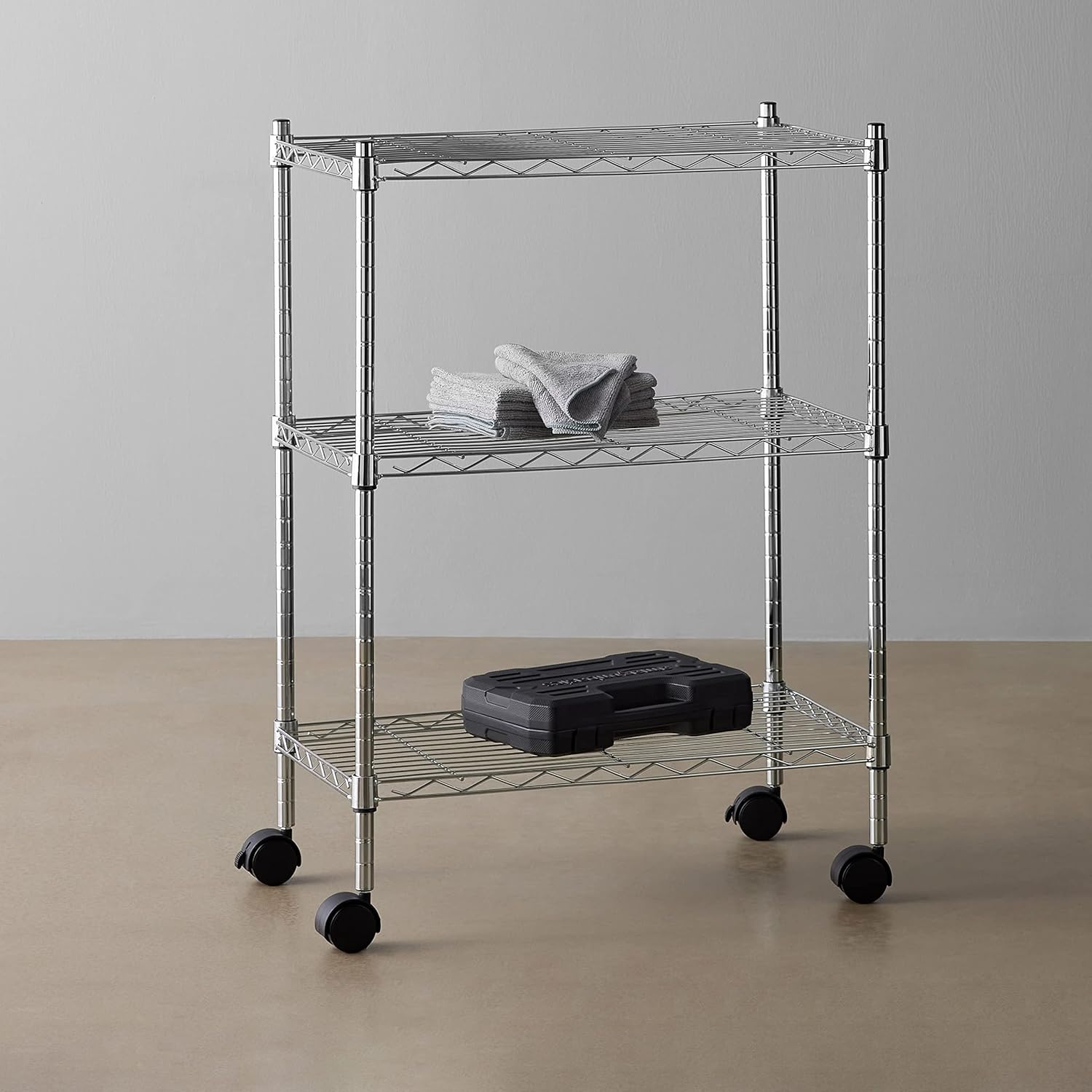 Blасk Frіdау 🔥 Amazon Basics 3-Shelf Adjustable, Heavy Duty Storage Shelving Unit on 4'' Wheel Casters, Metal Organizer Wire Rack, Chrome (23.2L x 13.4W x 32.75H)