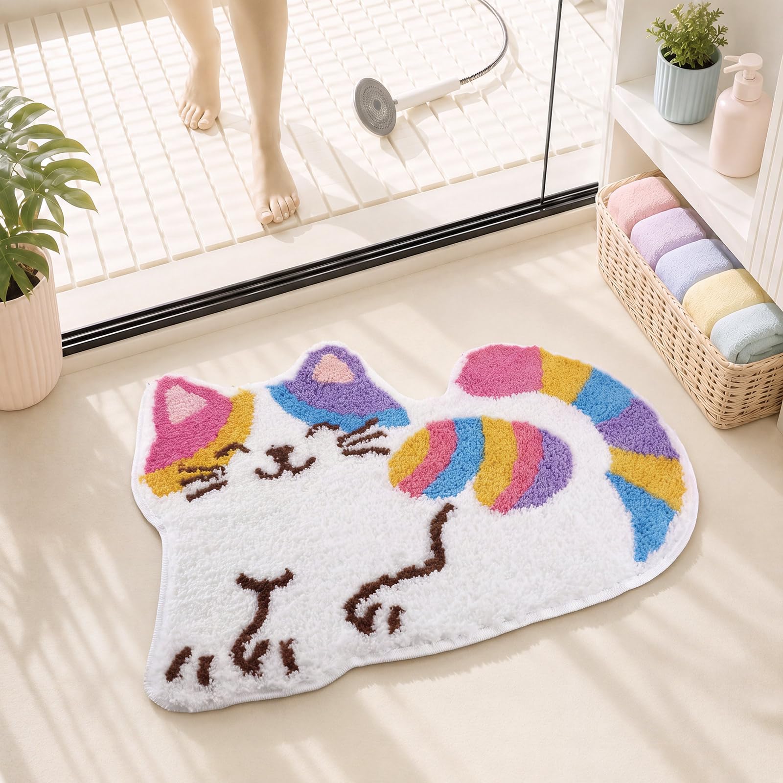 Dunzy Rainbow Cat Bath Mat Cartoon Bathroom Decor No Slip Shower Rug