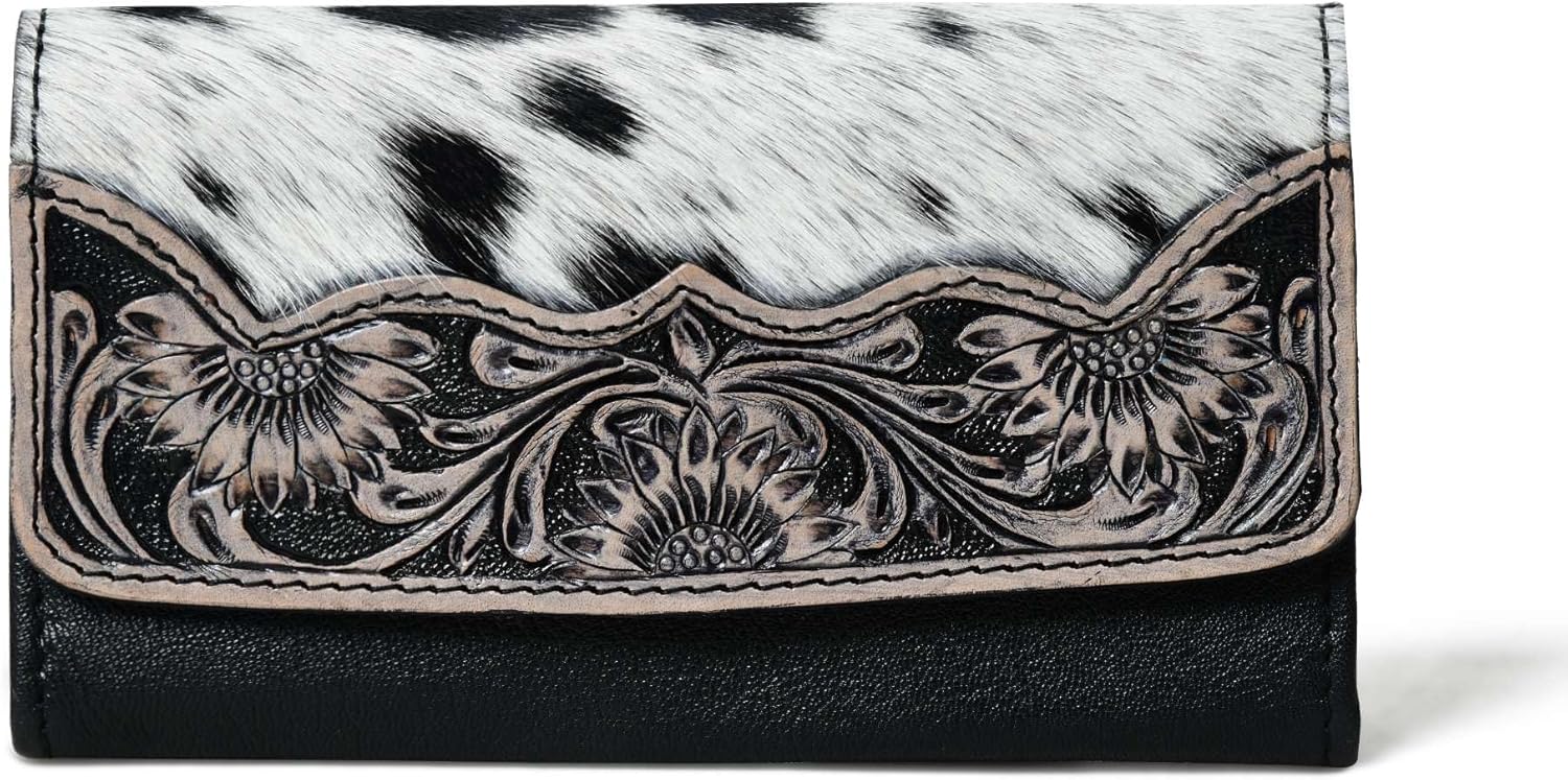 Merbaa Sundown Stash Tooled Leather Cowhide Hair On Trifold Wallet for Women RFID Blocking Wallet