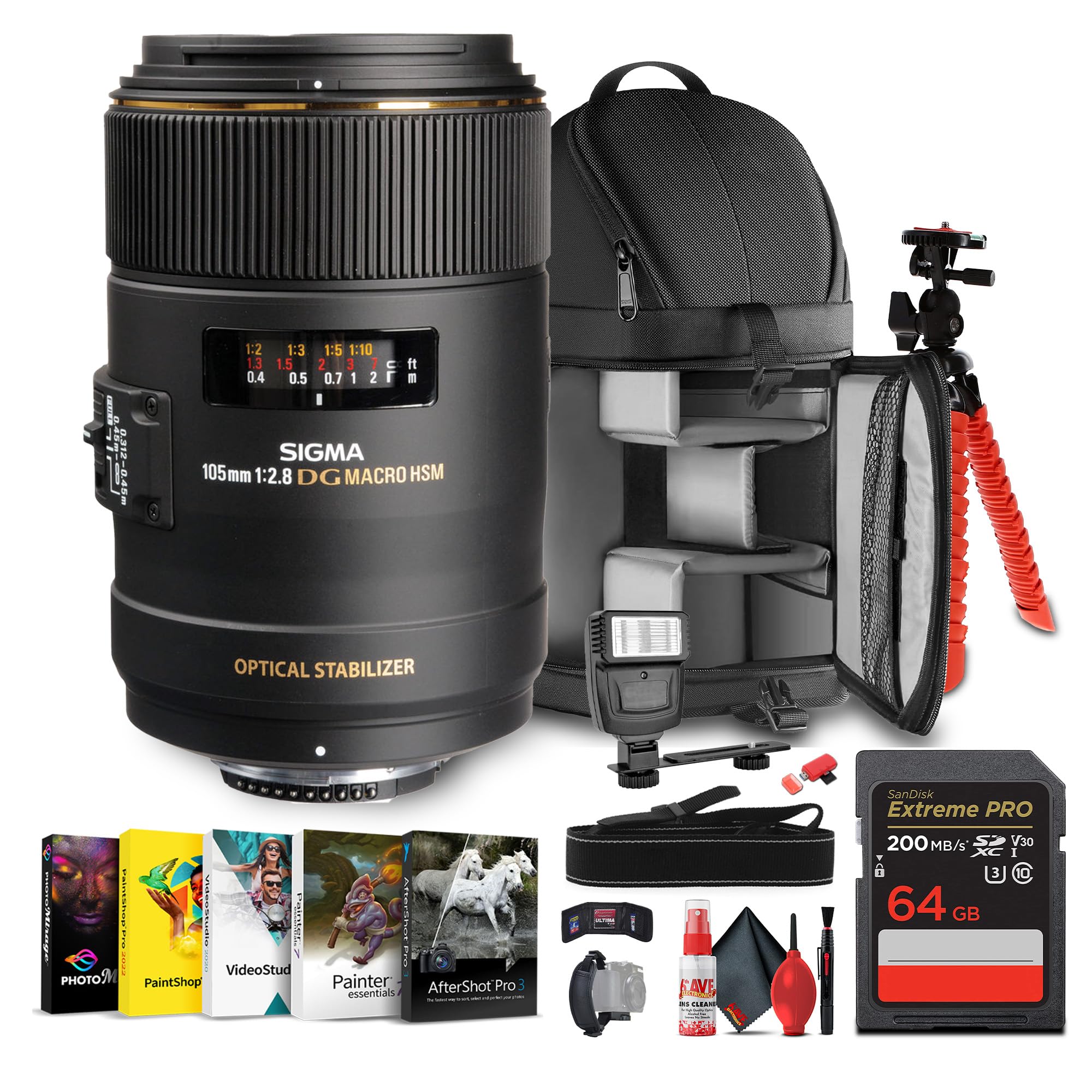 Sigma 105mm f/2.8 EX DG OS HSM Macro Lens for Nikon F Bundle Includes: Backpack, Flash, Memory Card, Card Wallet, 12 inch Tripod, Cleaning Kit, Blower