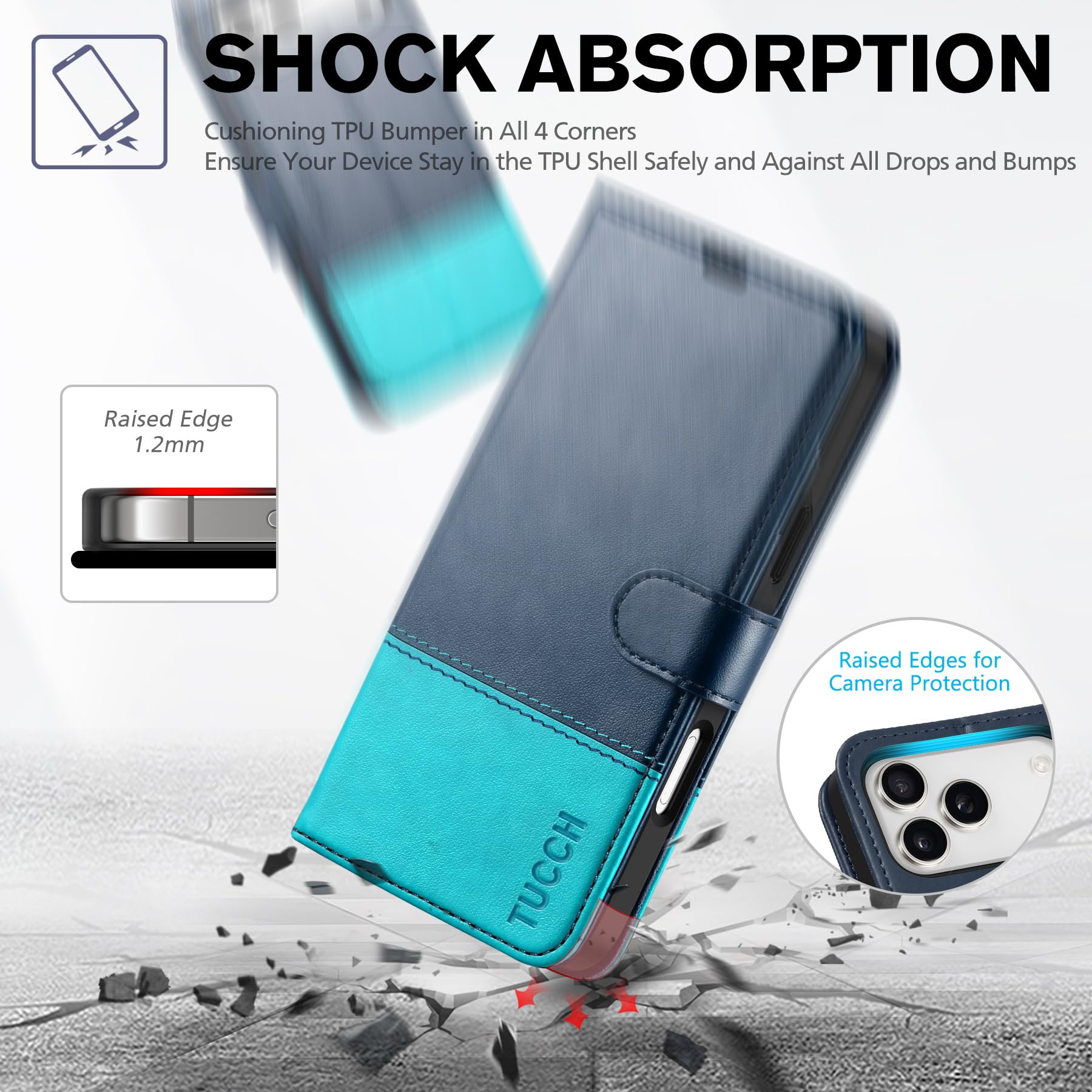 TUCCH Cover per iPhone 17 Pro Max 6,9-pollici 5G 2025 [Blocco RFID] Portafoglio | Custodia Pelle Sintetica Antiurto TPU, Pieghevole Slot Schede Elevata Protezione Chiusura Magnetica, Blu & Blu Lago