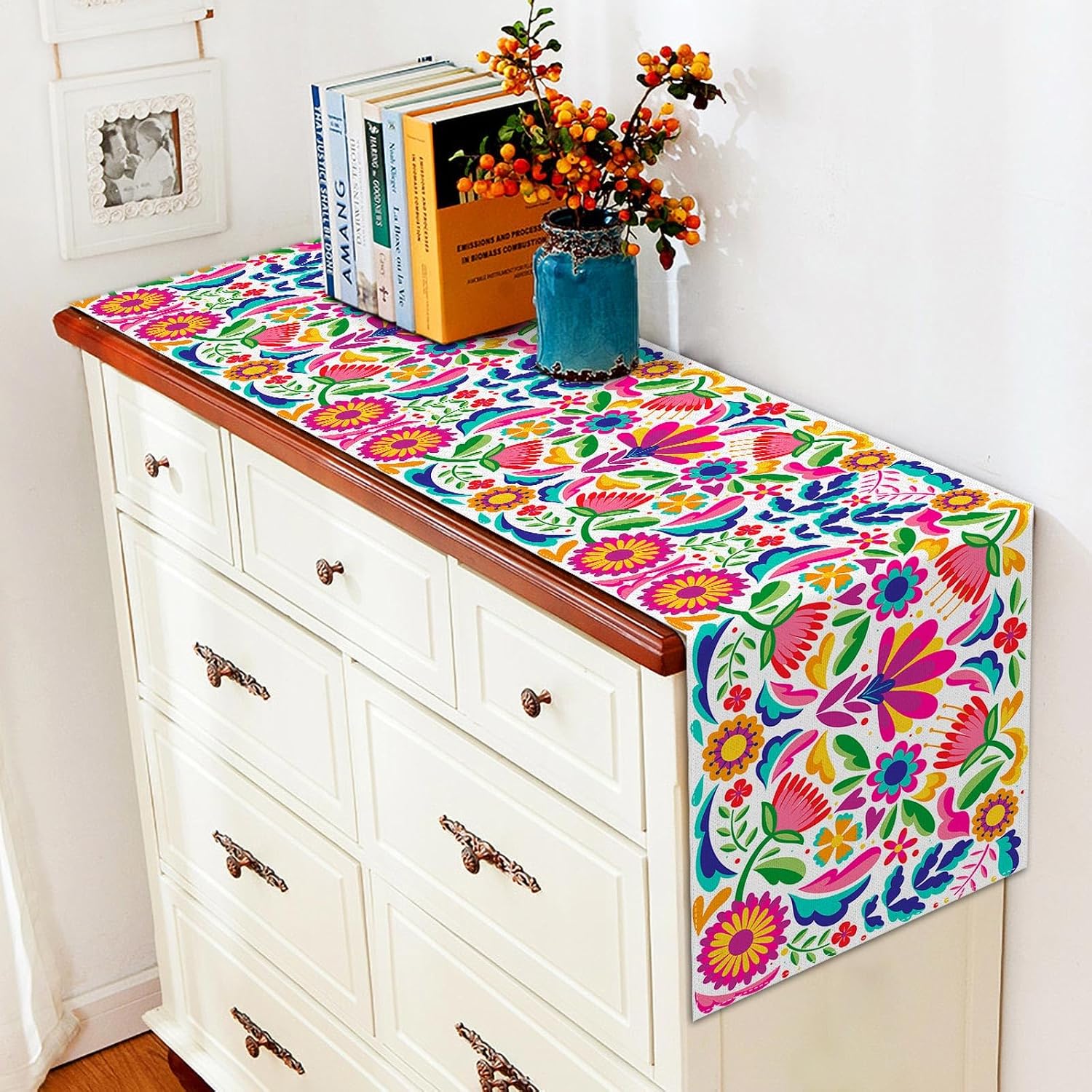 Vohado Mexican Floral Table Runner Dia De Los Muertos Decoration Cinco De Mayo Let's Fiesta Party Supply Home Kitchen Altar Decor (13" x 72", Pattern-B)