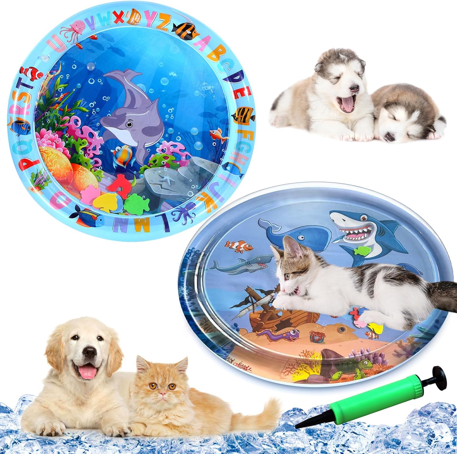 YumSur 2 Pack Water Sensory Play Mat for Cat, Upgraded Thickened Dog Water Play Mat with PVC Scratch, Anti-Scratch Design Pet Water Mat for Bored Indoor Cats, Cat Interactive Toys with Inflator