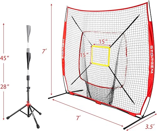 Miniatura 8 de Storgem - Red de práctica de béisbol y sóftbol de 7×7 pies portátil para golpear, lanzar y batear, red de backstop de béisbol con bate de práctica,
