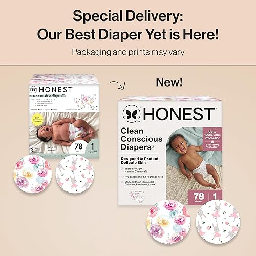 Miniatura 2 de The Honest Company Pañales Clean Conscious  A base de plantas, sostenibles  Flor de rosa + tutú lindo  Club Box, talla 1 (8-14 libras), 78 unidades