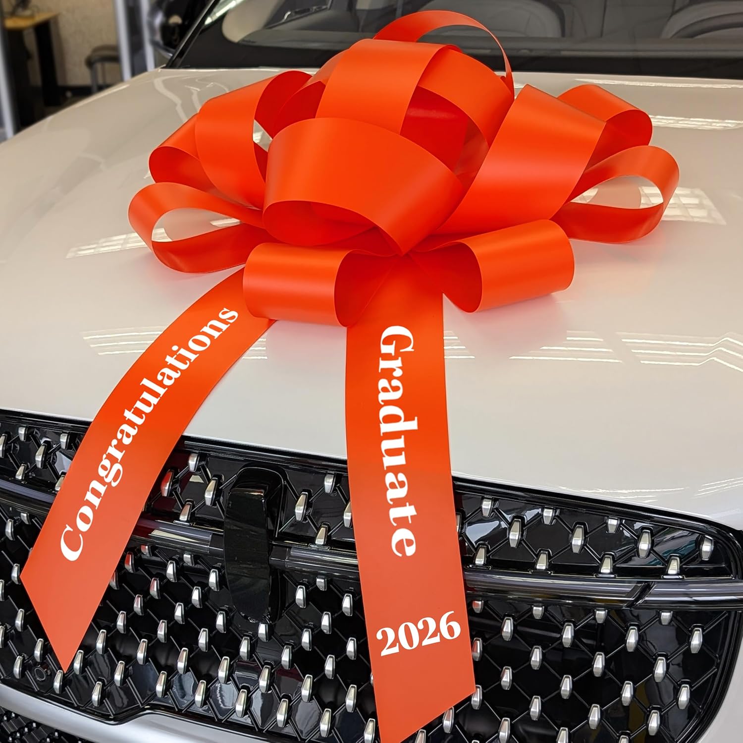 Giant 30" Magnetic Car Bow Graduation 2026 - Handmade Orange with White Congrats Grad Text - Weather Resistant Vinyl - Made in USA - No Assembly (Orange, White)