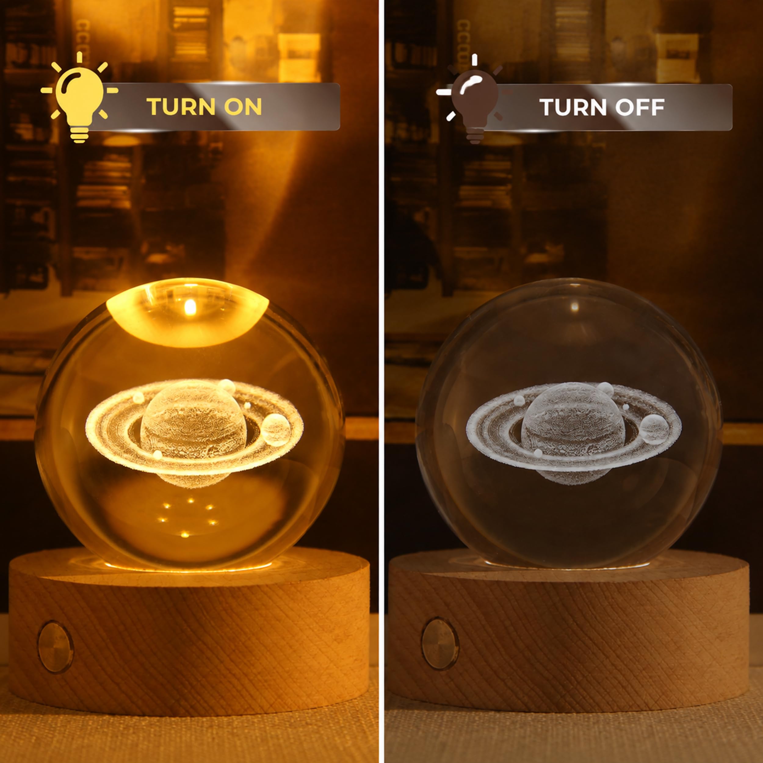 Lampada Sfera di Cristallo Saturno 3D (8cm) – Luce Notturna LED Multicolor con Base in Legno Massello e Batteria Ricaricabile USB, Sfera in Vetro K9 per Decorazioni Casa, Camera e Regalo Astronomia