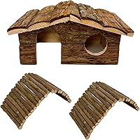 Hamiledyi Natural Wood Hamster Hideout Hut & 2 Flexible Bridges - Safe Playing Hiding House for Dwarf Hamsters, Mice