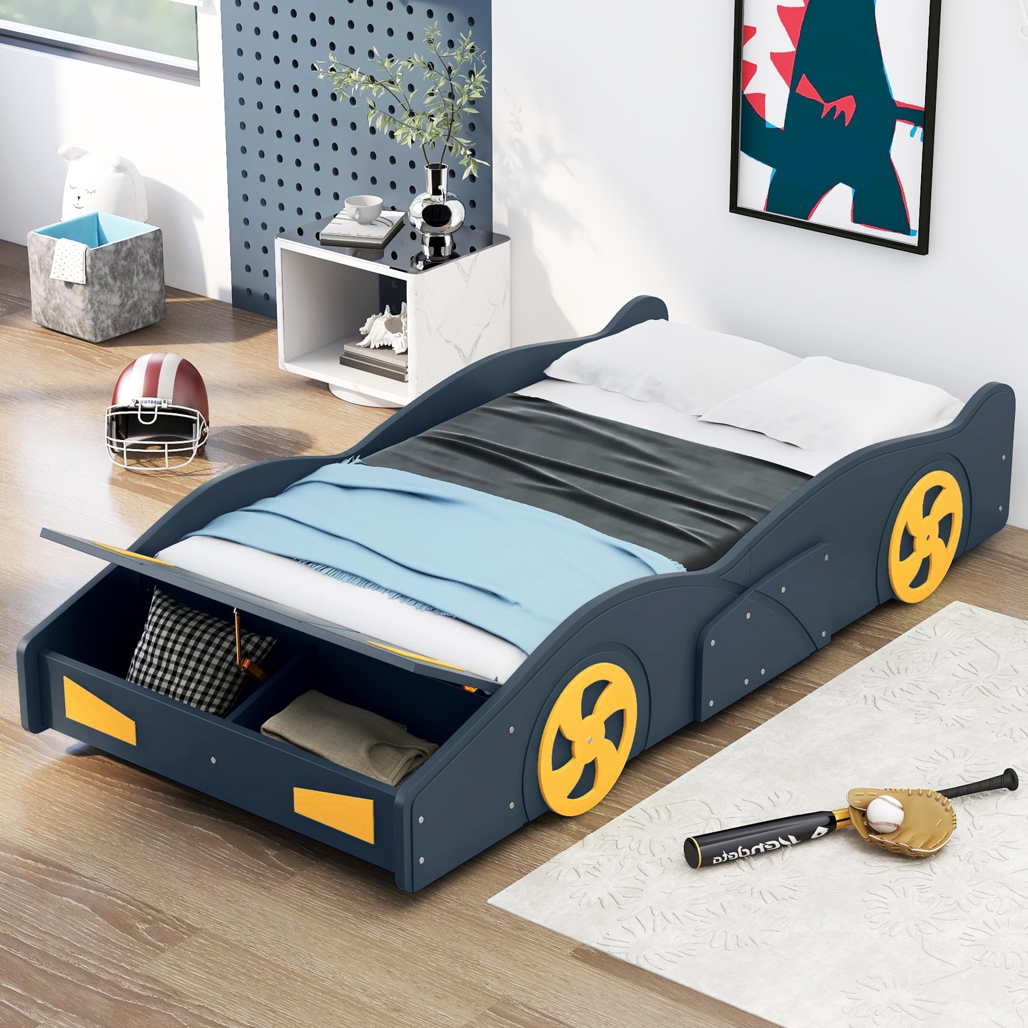 Twin Size Race Car-Shaped Platform Bed with Wheels and Storage, Wood Car Bed Frame with Wooden Slats Support for Kids, No Box Spring Needed, Easy Assembly, Dark Blue and Yellow
