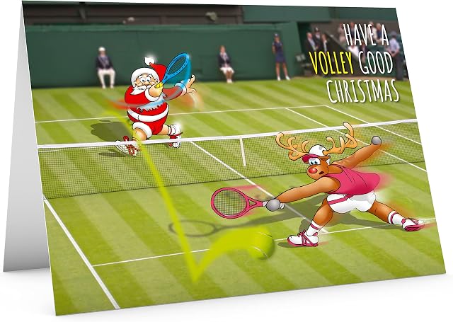 Tennis Christmas card - Funny design showing Santa driving a volley past Rudolph