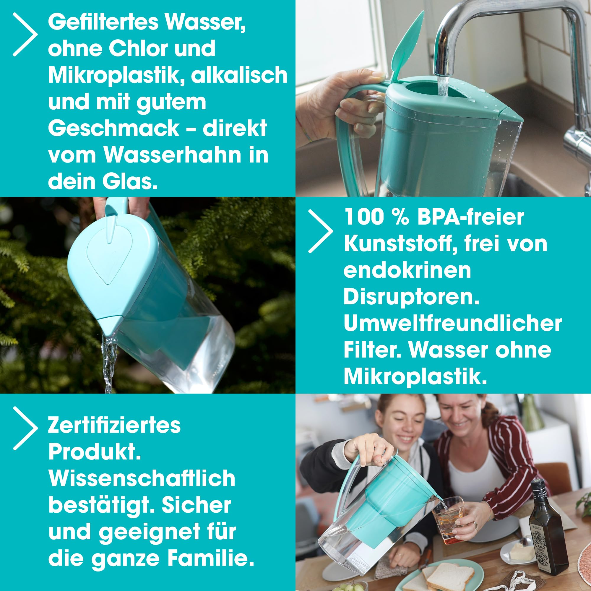 Wasserfilter Filtersystem Trinkwasser Kanne für Leitungswasser mit Zeolith Klinoptilolith Filter Gibt Magnesium Ab pH 9 1.4L Entfernt Kalk Chlor Metalle Ohne BPA Water Filter Jug ALKANATUR