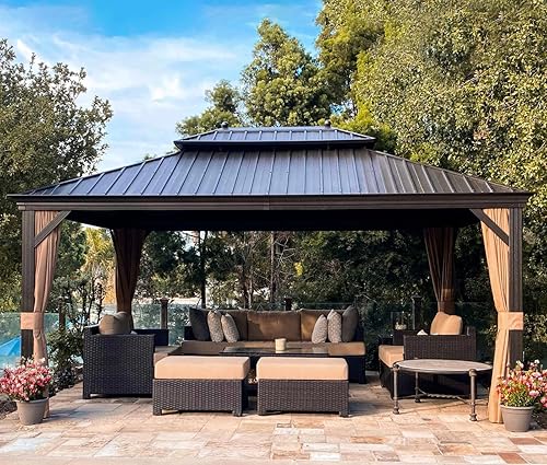 PURPLE LEAF Gazebo de techo duro de 12 x 16 pies con red y cortinas para patio trasero, terraza, jardín, porche, patio, pabellón, toldo de metal de disponible en Yaxa Colombia