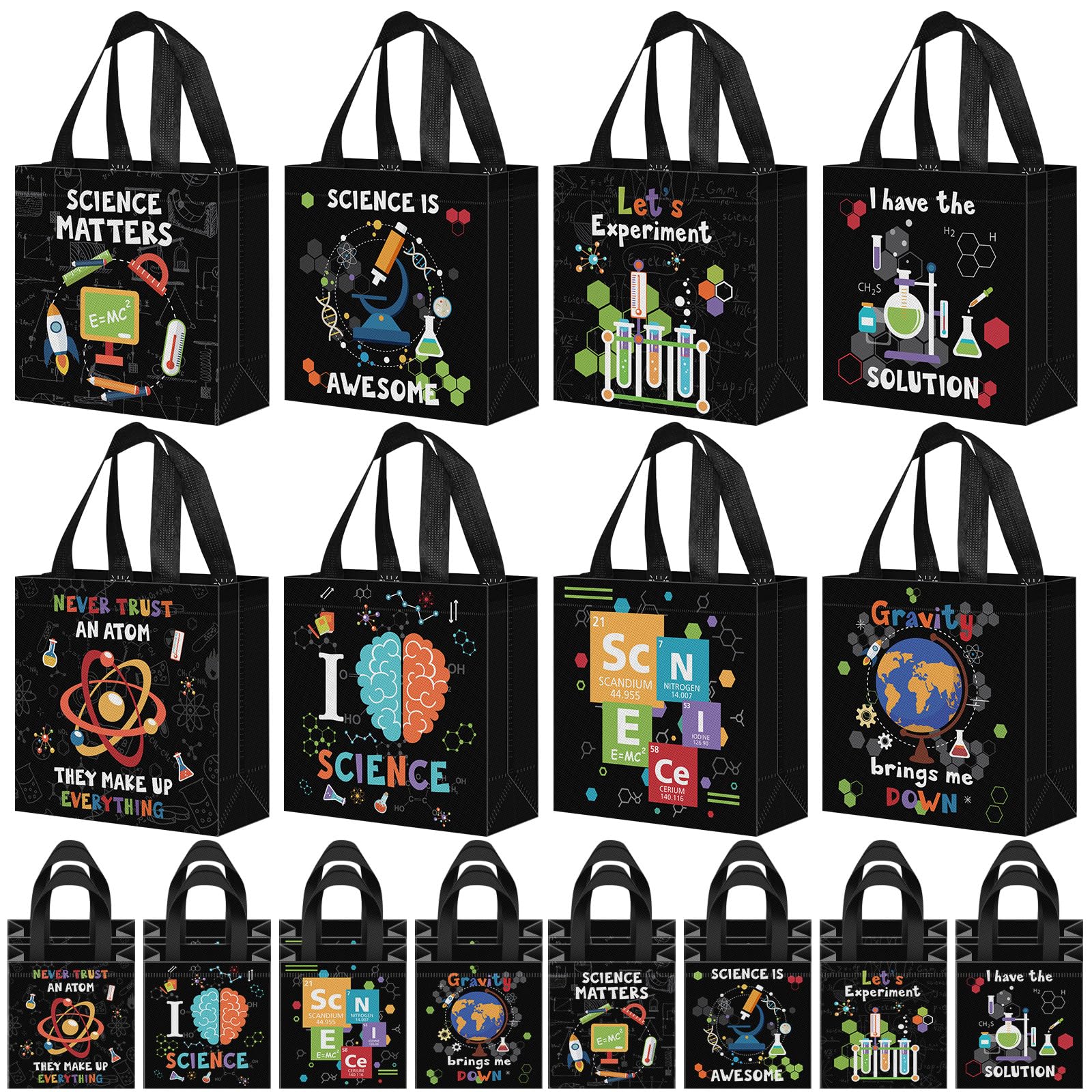 Sanwuta 24 Pcs Science Party Favor Bags Goodie Gift Treat Bag with Handles for Kids Students Party Supplies (Black)