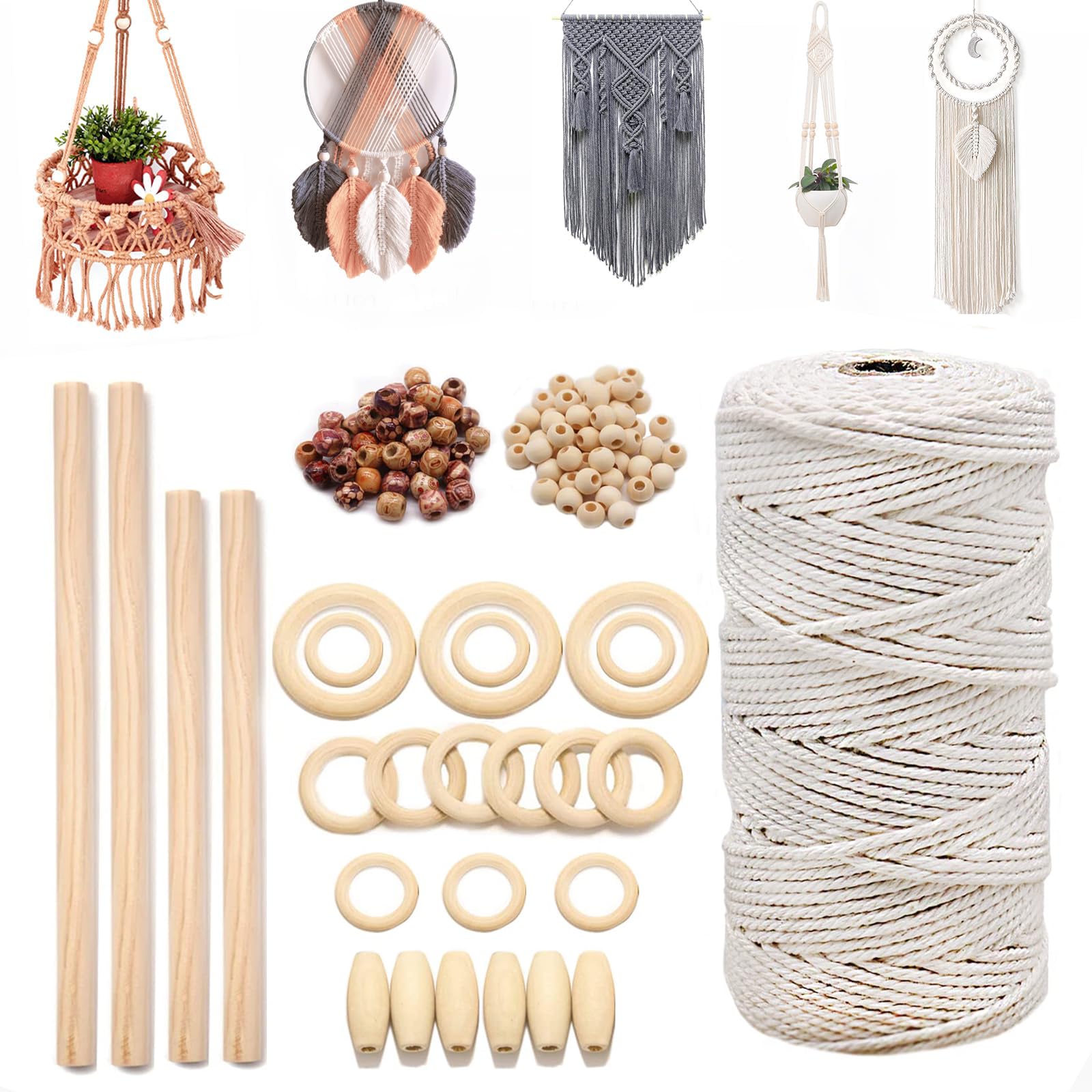 NAWOKEENY 80Pcs Starter Macrame Kit, Includes Macrame Cord Wood Natural Wooden Dowels, Wood Rings and Round Beads for Macrame Starter Set Hanging Plant DIY Craft Kits Adults Beginners
