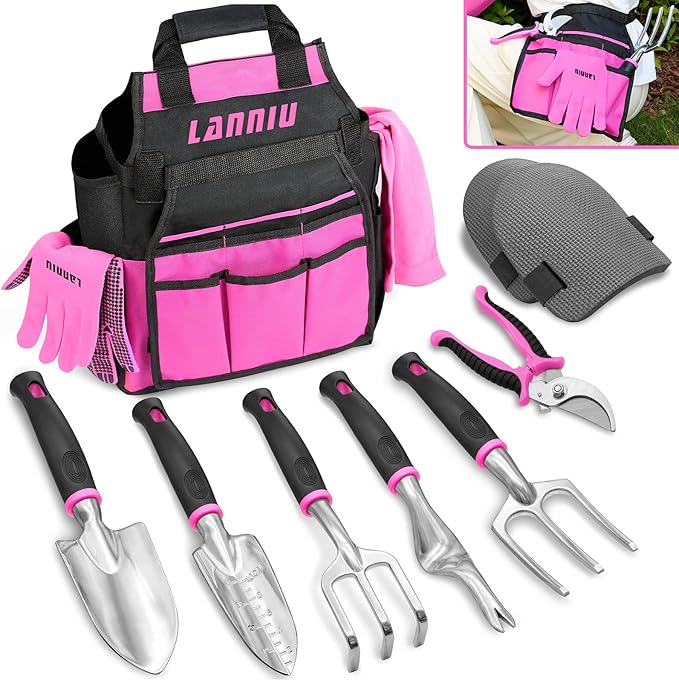 LANNIU Garden Tool Set, 10 Piece Aluminum Sturdy Heavy Duty Gardening