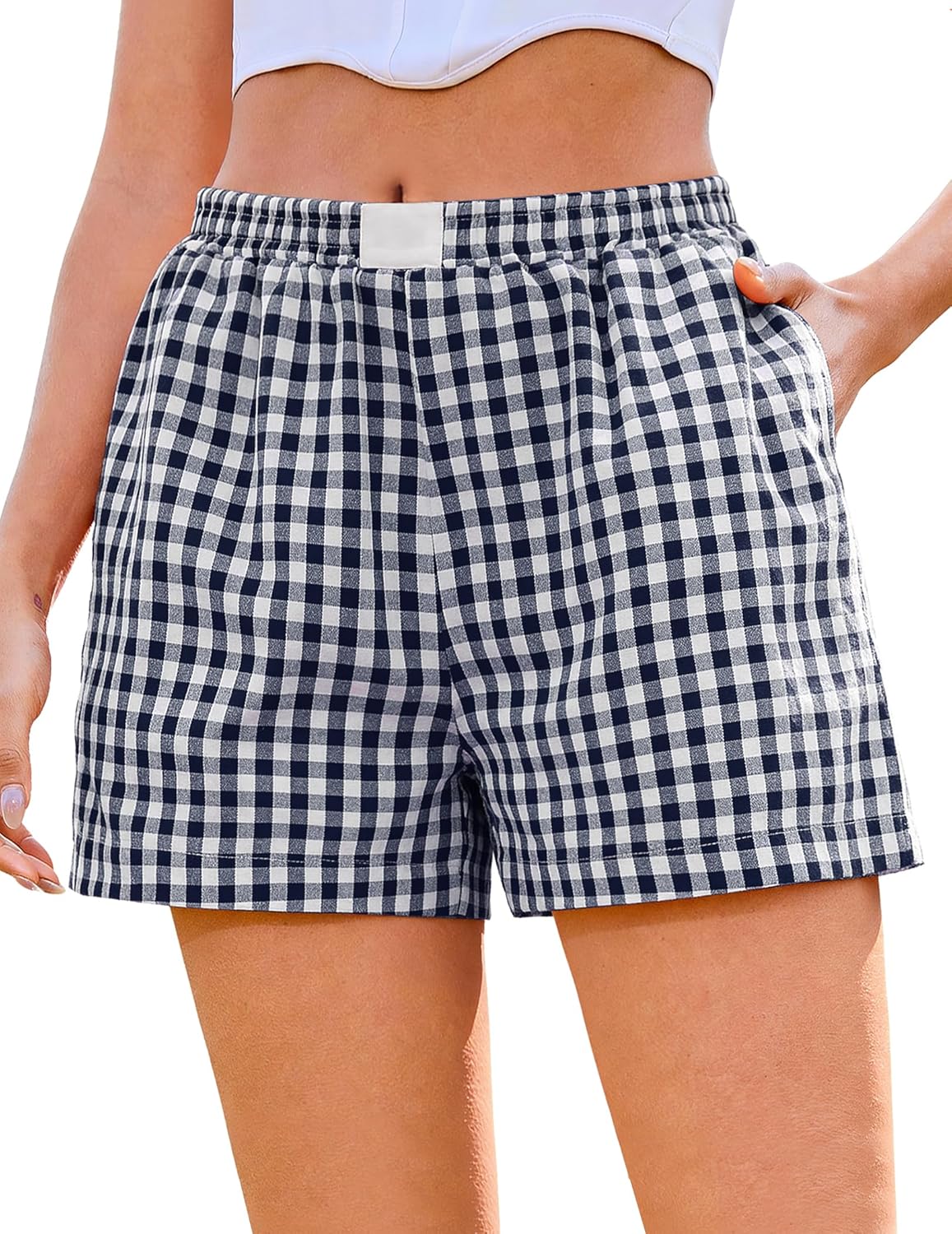 Marvmys Womens Boxer Shorts Cotton Plaid Gingham Shorts Summer Elastic Waist Pajama Buttoms with Pockets