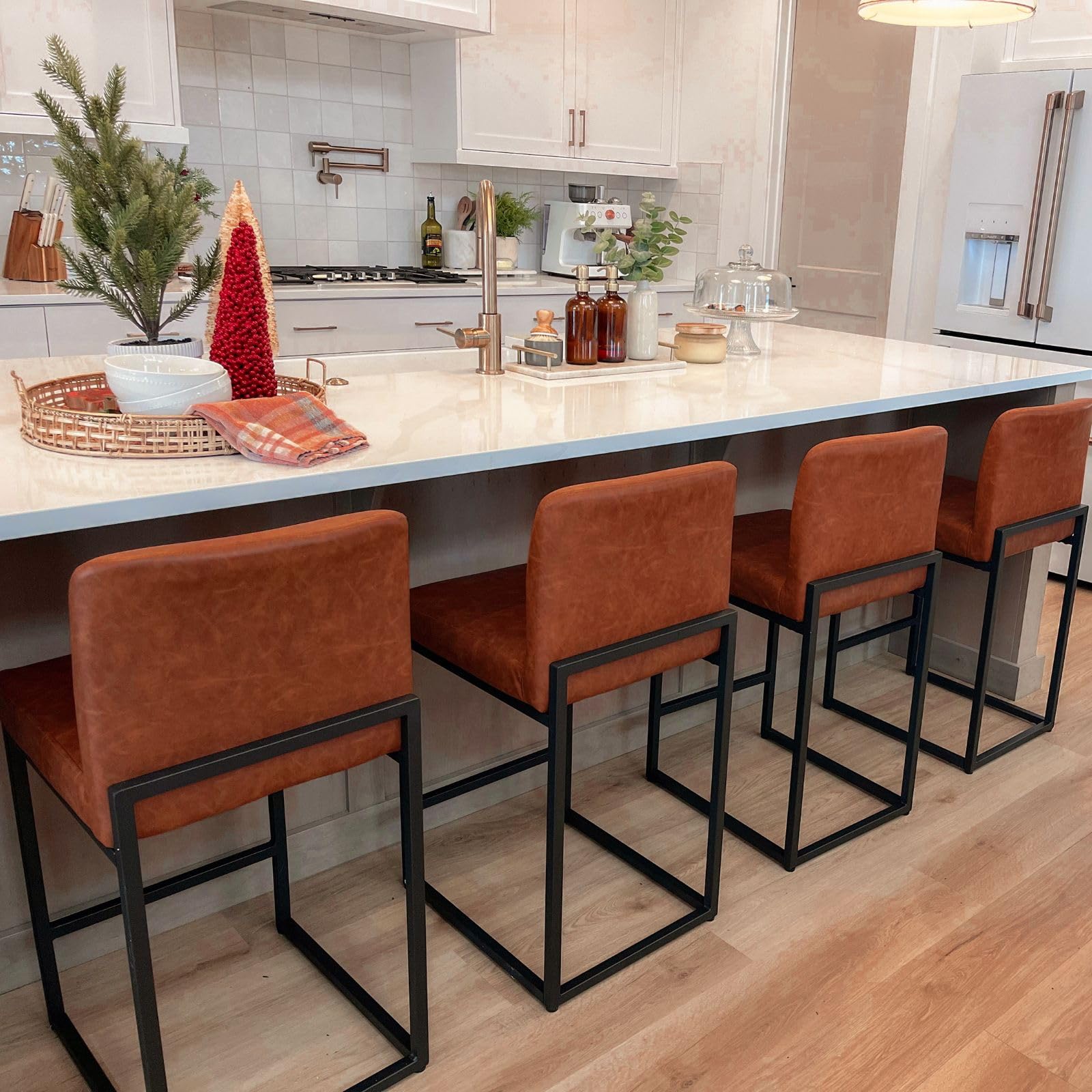 ALPHA HOME 24 Inch Bar Stools Set of 4, Kitchen Counter Stools with Backs, PU Leather Barstools, Kitchen Stools with Back&Upholstered Footrest, Sturdy