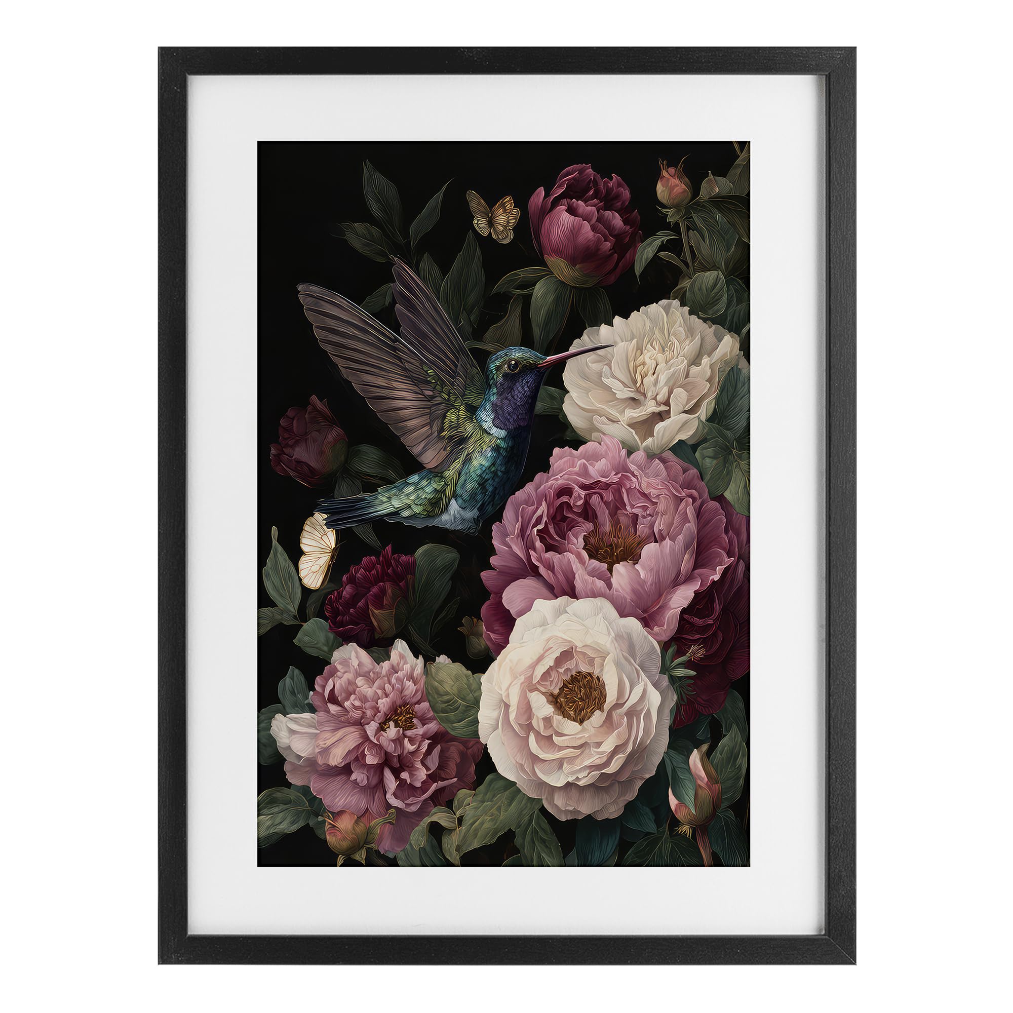 Stupell Industries Hummingbird Among Peonies_v1 'Hummingbird & Lush Peonies'| Framed Print Under Glass
