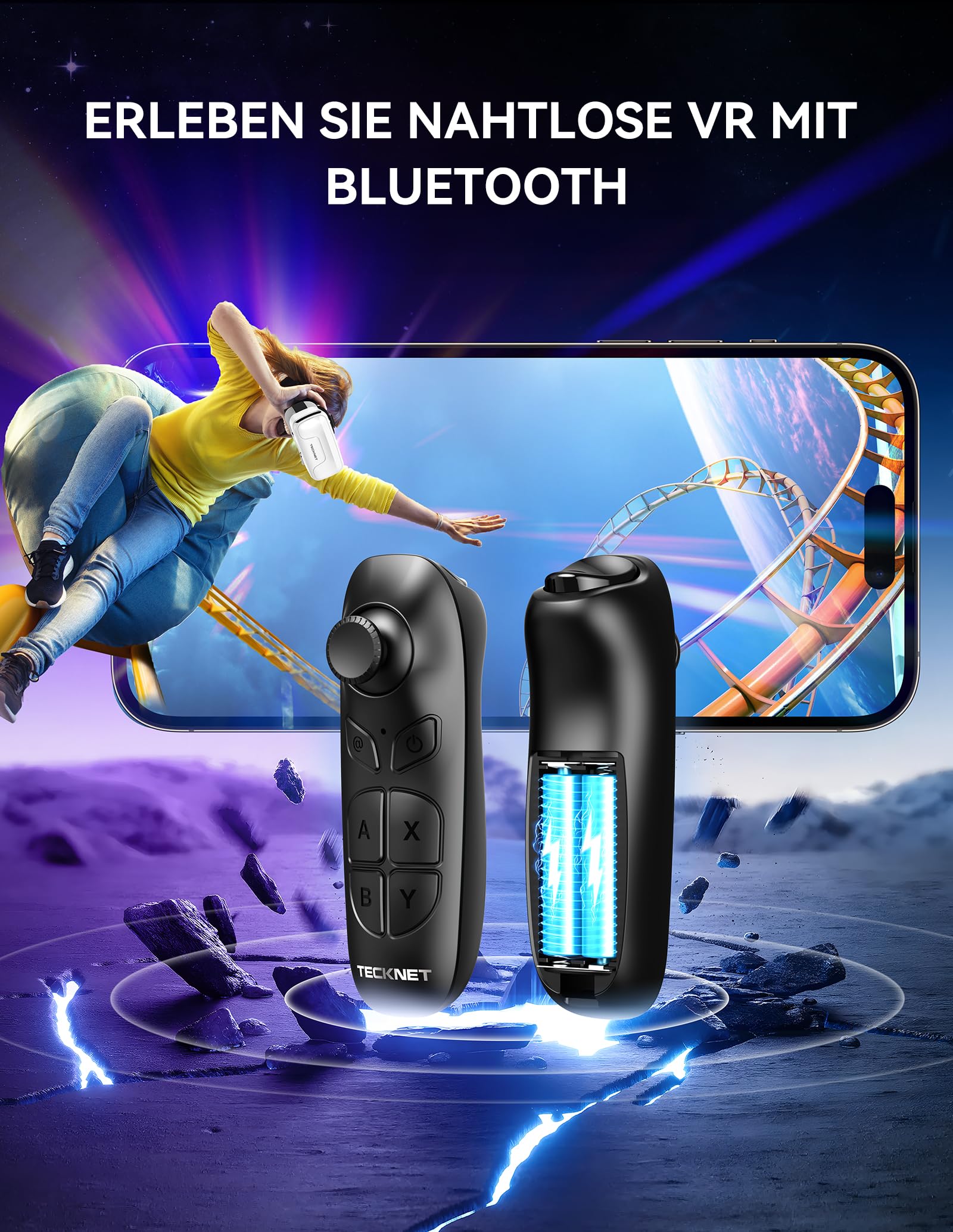 TECKNET VR Brille für Handys mit Griff, 3D Virtual Reality-Brille mit HD 110° FOV, Anti-Blaulicht & einstellbaren Gängen, Komfortables VR-Glasses für iPhones, Samsung und Android-Smartphones 4.7-7.2"