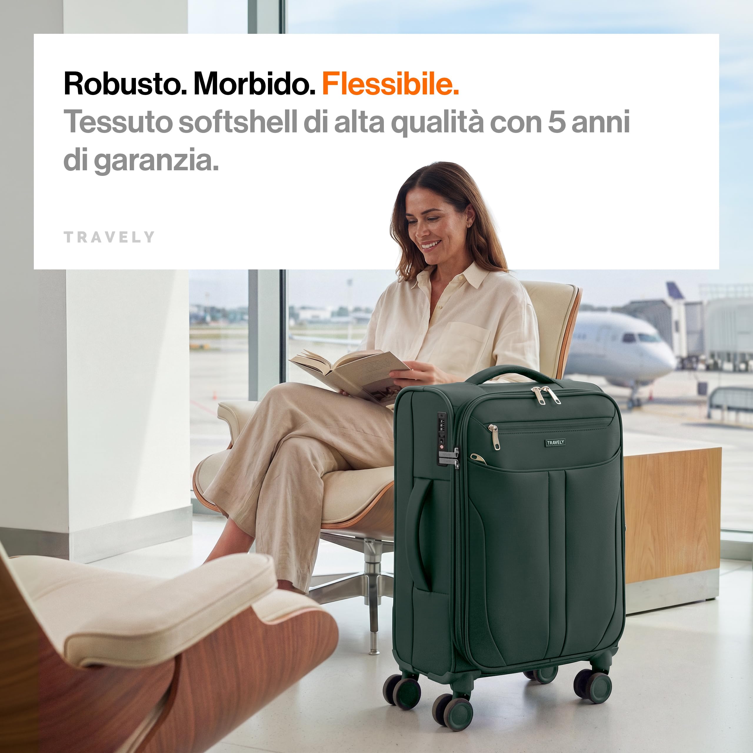 Travely Valigia M in tessuto - Valigia cabina con scomparto per laptop fino a 15,6", 4 ruote e lucchetto TSA - valigia morbida leggera espandibile, idrorepellente