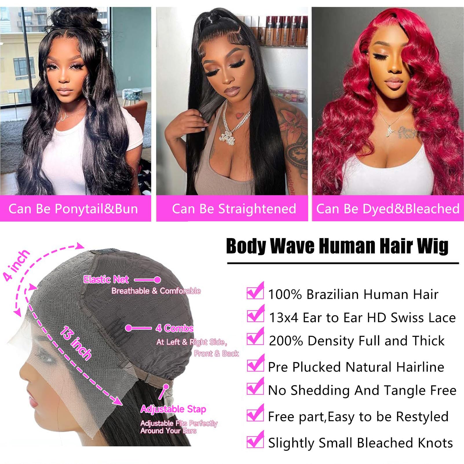 200 Density Body Wave Human Hair Wig 13x4 HD Lace Front Pre-Plucked Glueless 24 PIXIA 24 Inch Body Wave Lace Front Wig | Human Hair Pre  main image 2