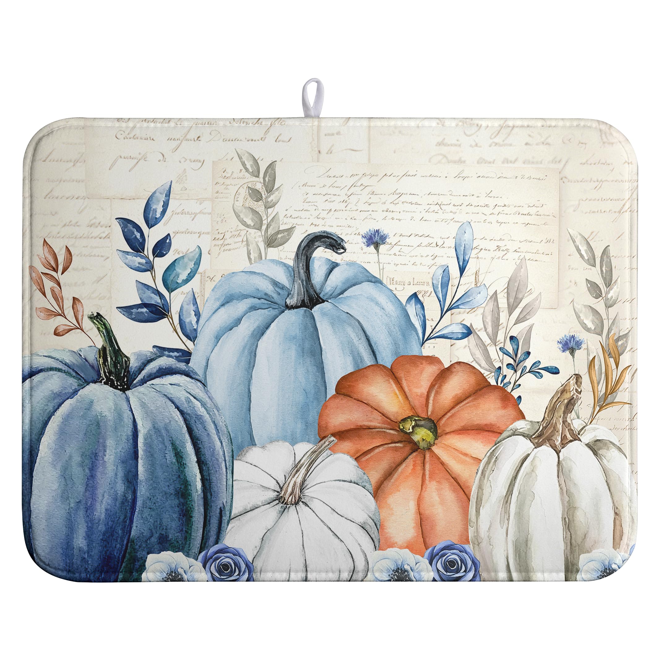 Fall Blue White Pumpkin Dish Drying Mats Thanksgiving Leaves Dish Mat Drying Matt Autumn Floral Dishes Dryer Pad for Kitchen Counter Absorbent Microfiber Washable Foldable Reusable 18x24 in