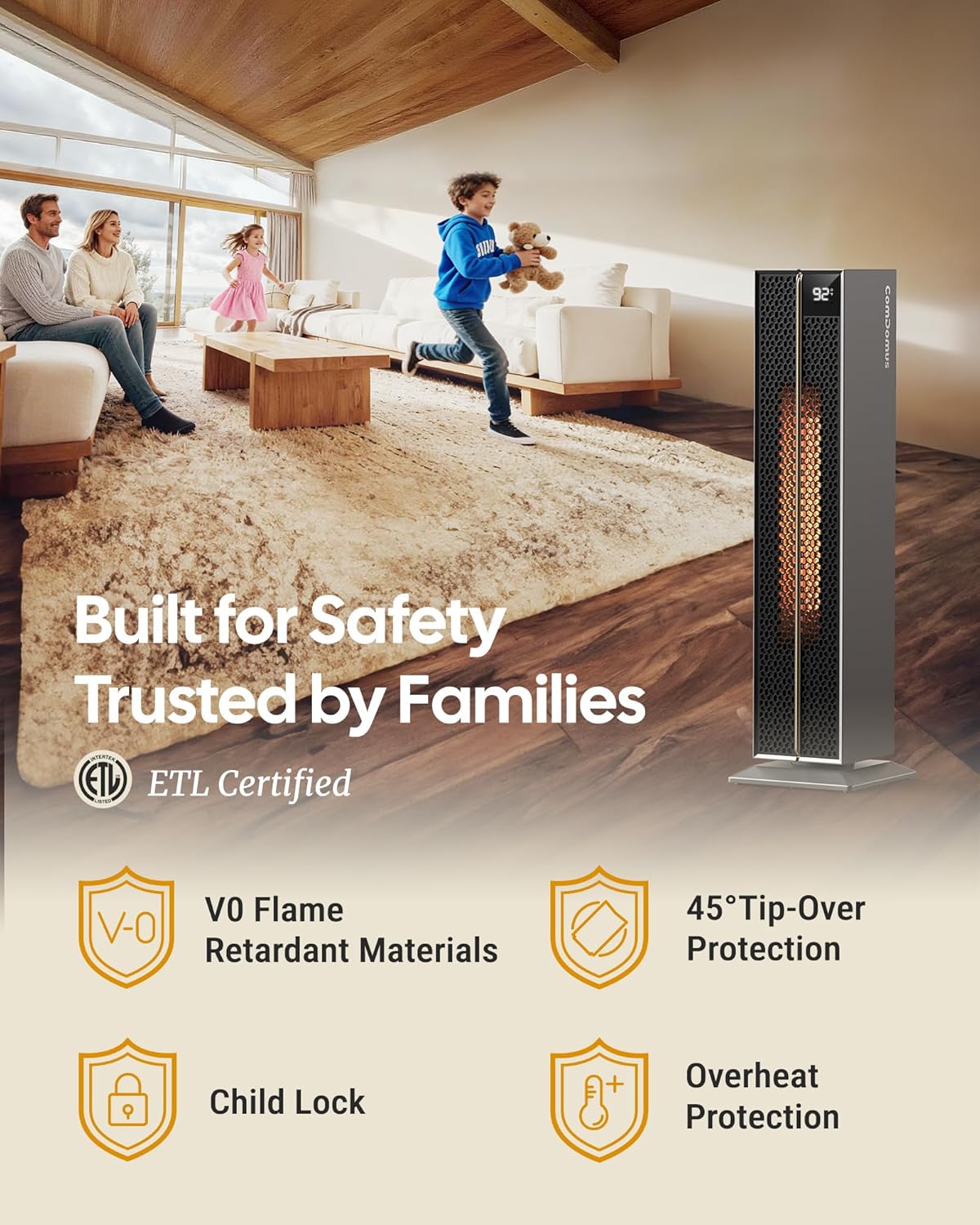 Electric Heaters for Indoor Use, 32” Space Heater Large Room with Remote, 120° Oscillation, 5 Heat Levels, 3 Modes, Multiple Safety Protections, 1500W Ceramic Tower Heater for Bedroom, Silver