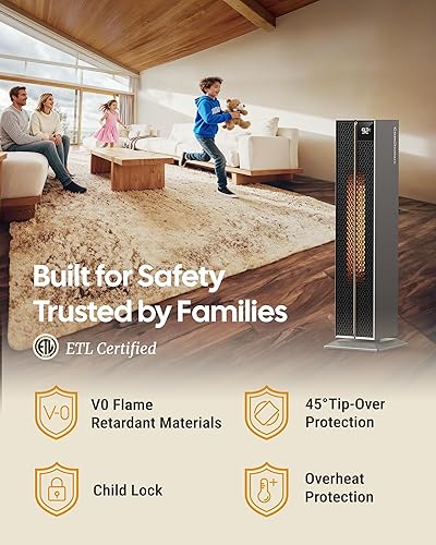 Miniatura 6 de Calentadores eléctricos para uso en interiores, calentador de espacio de 32 pulgadas con control remoto, oscilación de 120, 5 niveles de calor, 3