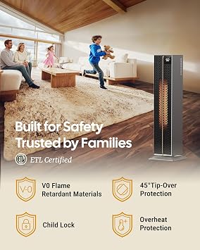 Electric Heaters for Indoor Use, 32 Space Heater Large Room with Remote, 120 Oscillation, 5 Heat Levels, 3 Modes, Multiple Safety Protections, 1500W Ceramic Tower Heater for Bedroom, Silver