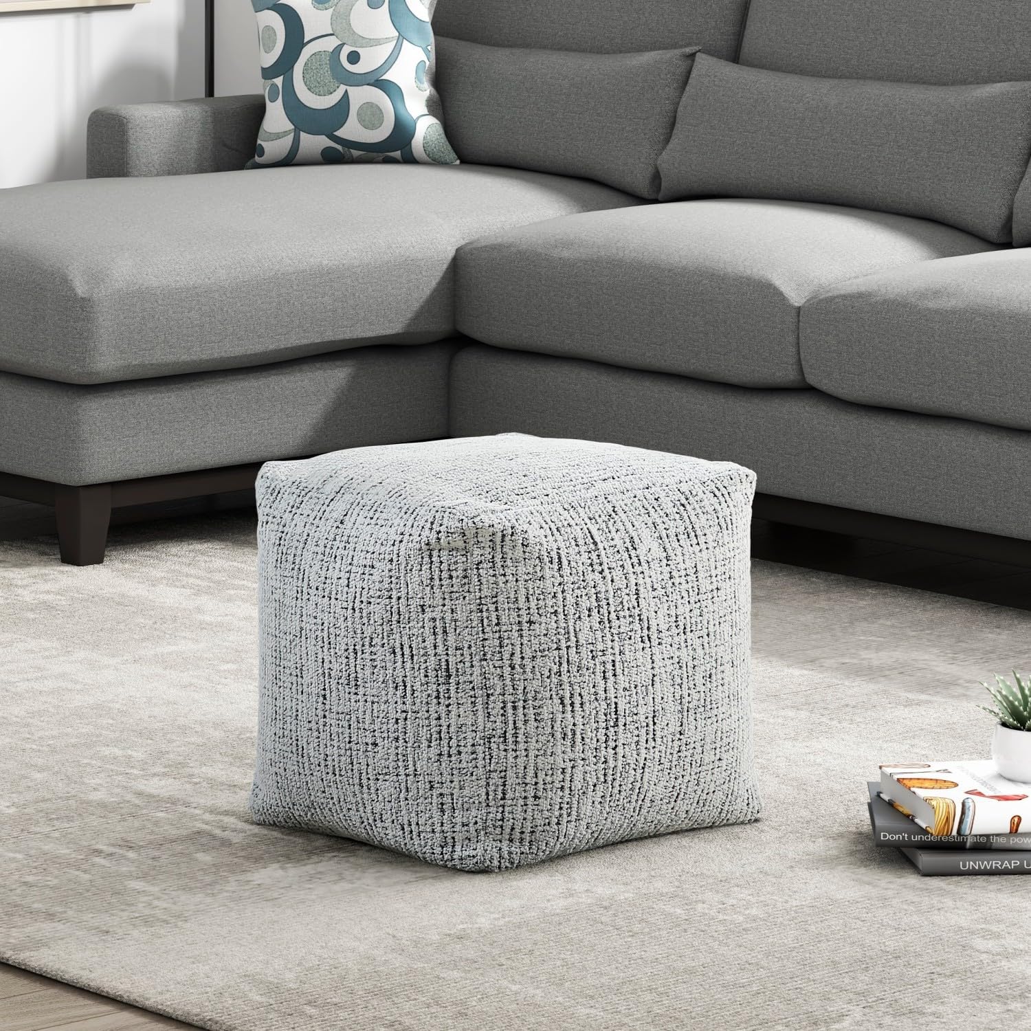 Square Pouf Chenille Fabric Upholstery, Modern Ottoman, Footstool, Non-Slip Floor Pouf, 1pc Sitting Pouf