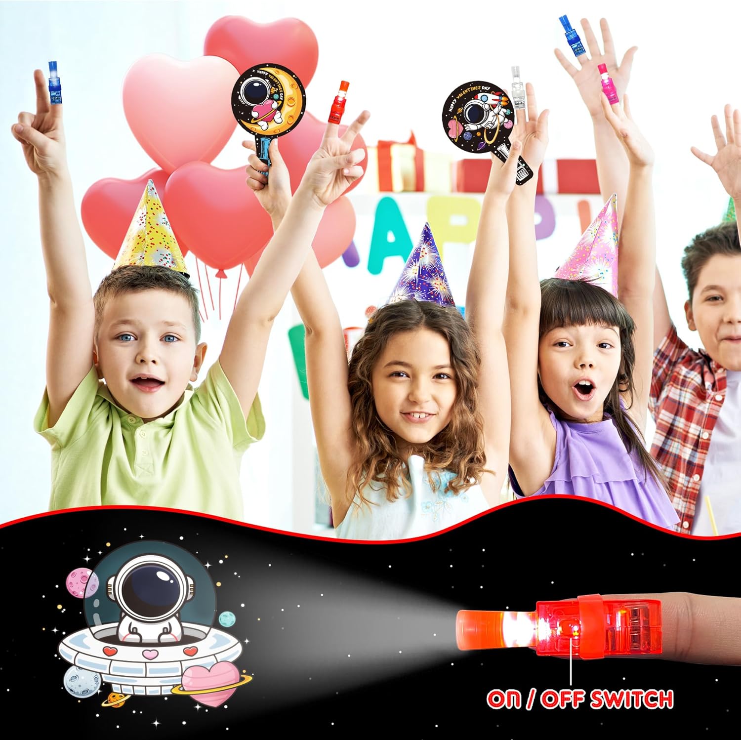 28 Pack Valentiens Day Gifts for Kids Classroom Finger Lights Toys with Valentine Day Cards for Kids School, Valentines for Kid Class Exchange Cards Gifts Prizes Party Favors for Boys Girls