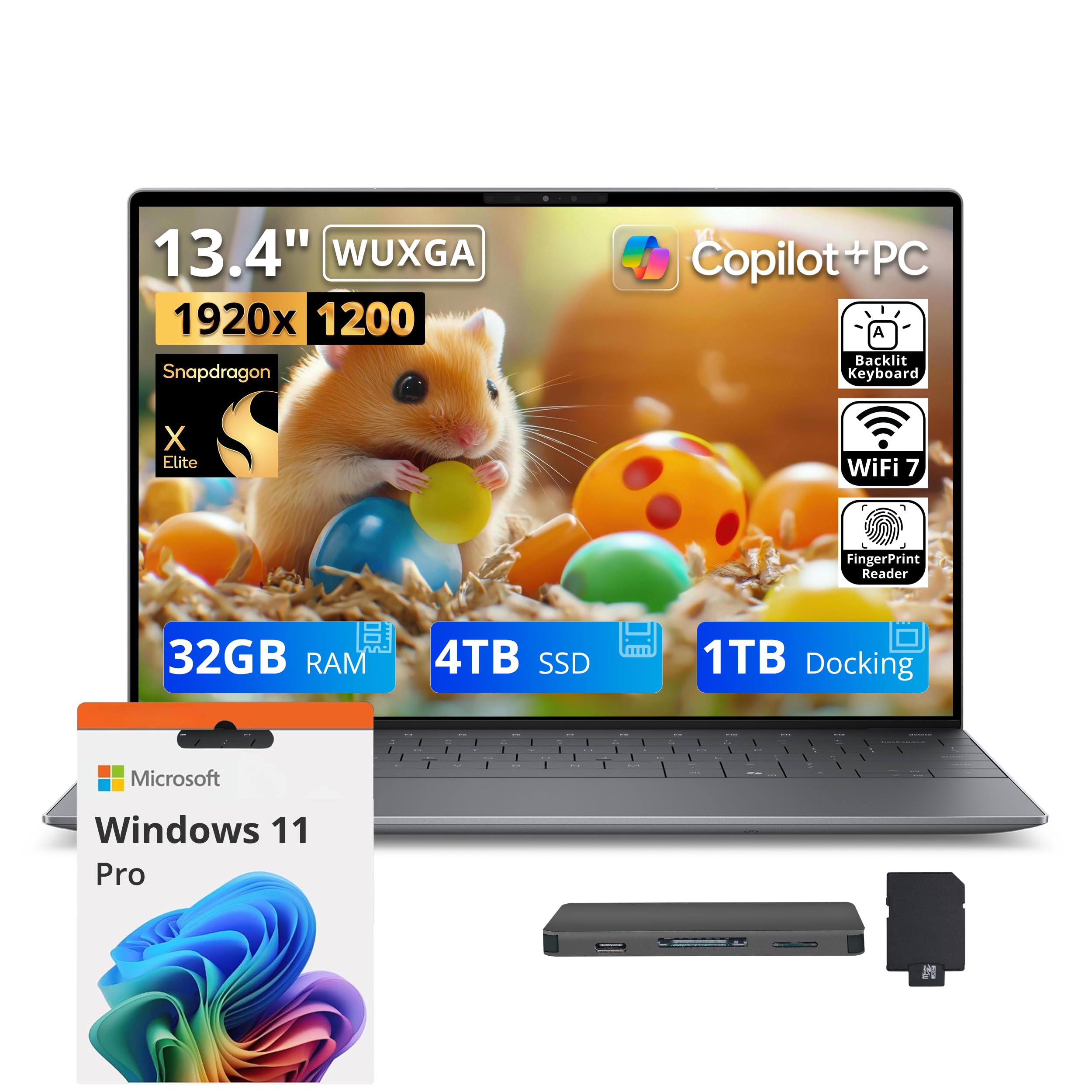 Dell XPS 13.4" WUXGA Laptop, Snapdragon X Elite X1E-80-100, 32GB RAM, 5TB Storage (4TB SSD+1TB Docking Station), Qualcomm Adreno, Copilot+PC, Backlit Keyboard, Fingerprint, Wi-Fi 7, Win 11 Pro, Grey