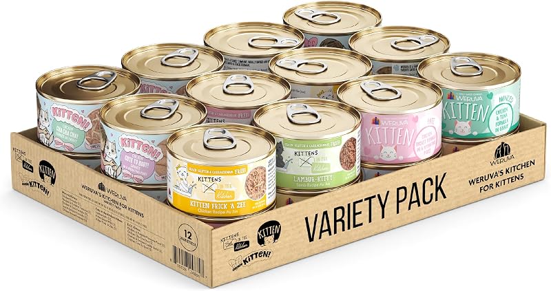 Ração úmida para gatos filhotes Weruva Kitchen Variety Pack, latas de 79 g e 85 g, pacote com 24