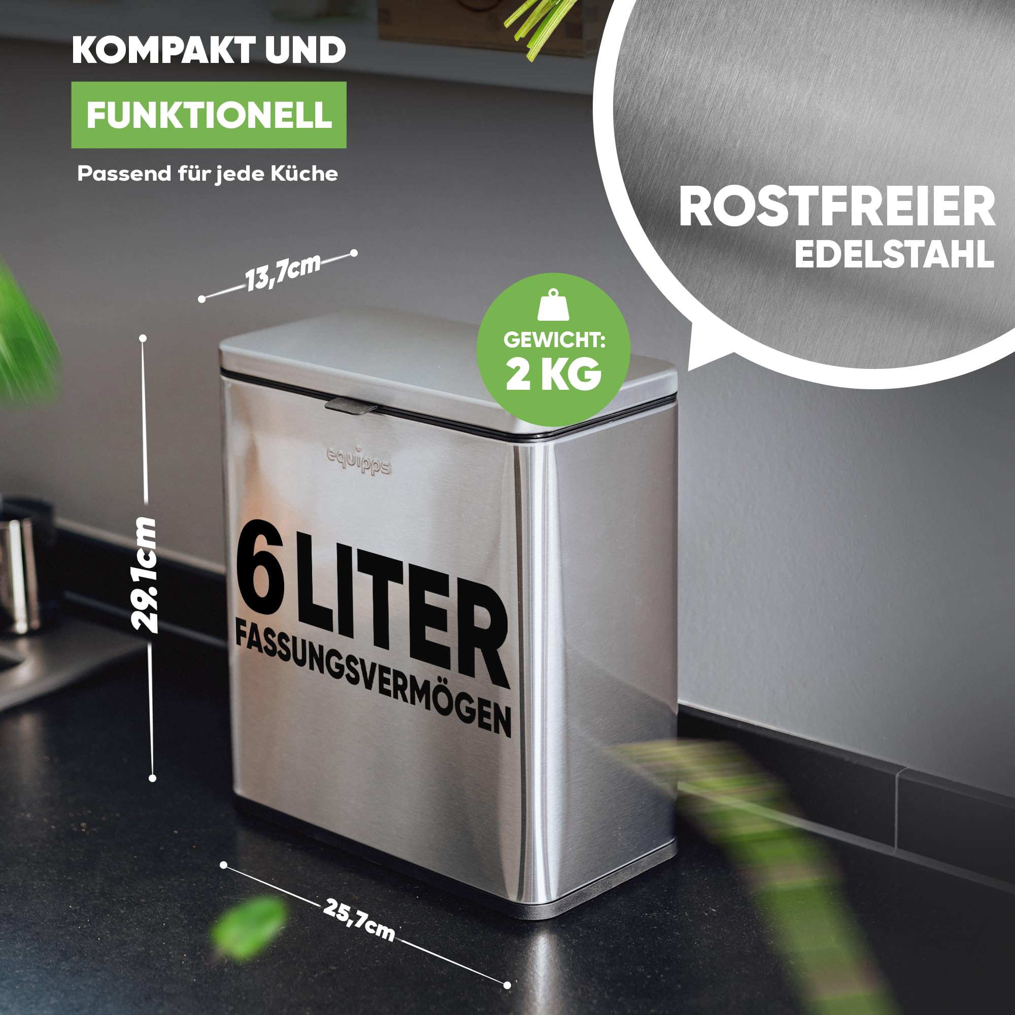 Bio Mülleimer 6L | Komposteimer Küche für Bio Müll & Co | Mülleimer mit Geruchsfilter | Komposter für Abfall & Recycling | Biomülleimer Küche klein (Silber 6l)