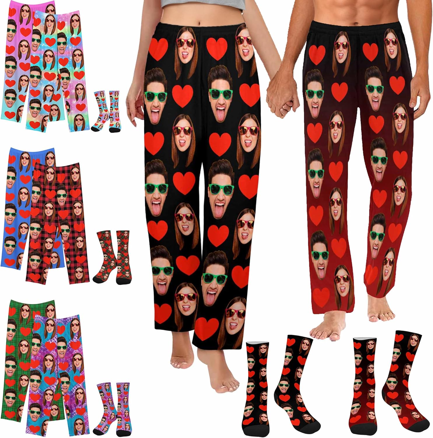 Custom Pajama Pants With Photo Face For Women, Personalized Widding Gifts Pj Pants Socks For Couples