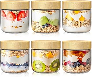 6 Pack 10oz glass Overnight Oat Jar - Bamboo sealed lid wide mouth Mason jar for yogurt chia seed snack salad storage reus...