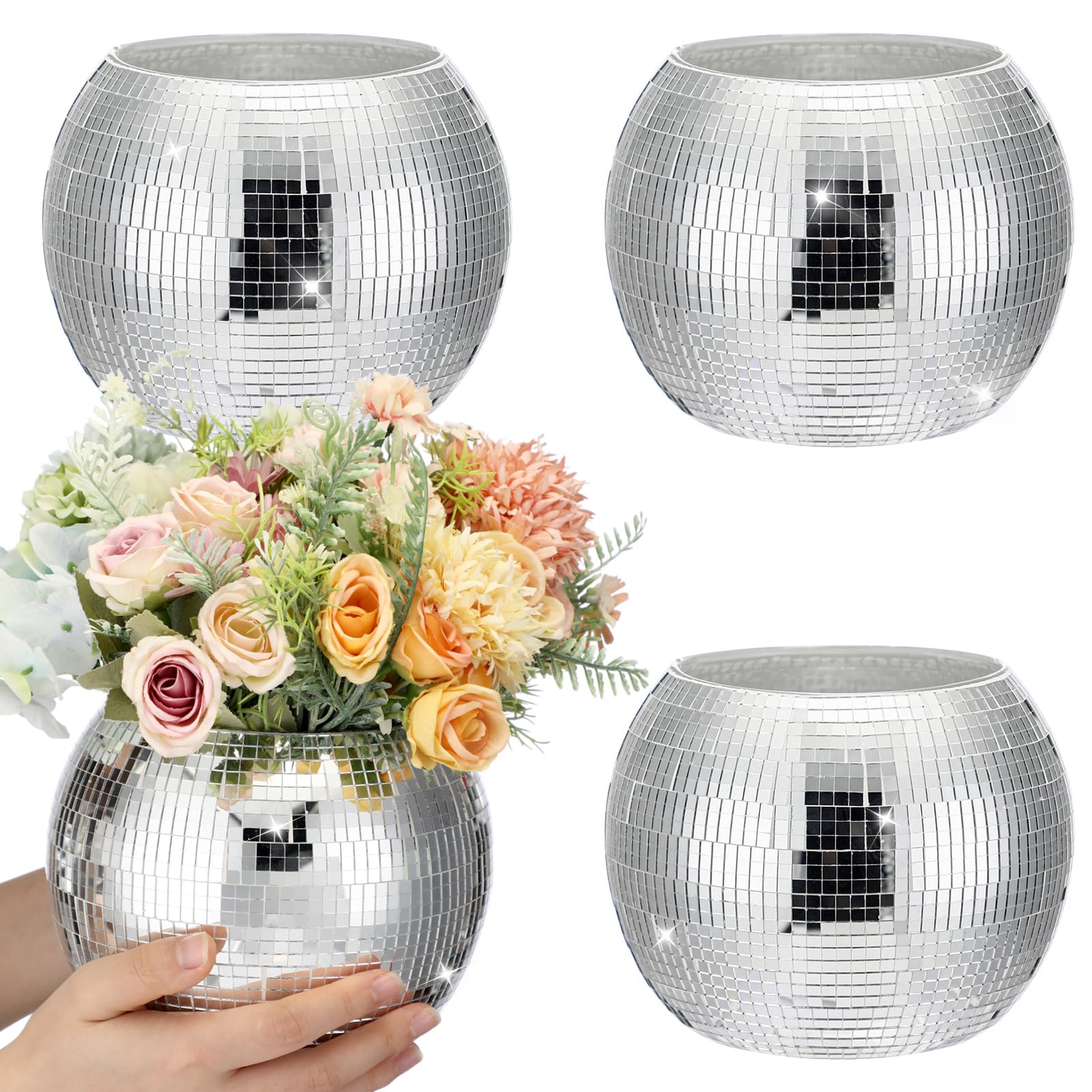 Jinei 4 Pcs Disco Ball Flower Vase Mirror Disco Ball Glass Vase Disco Ball Planter Candle Holder Glass Vase Bulk for Wedding Centerpieces Bedroom Kitchen Office Decoration Birthday (6'' X 7'')