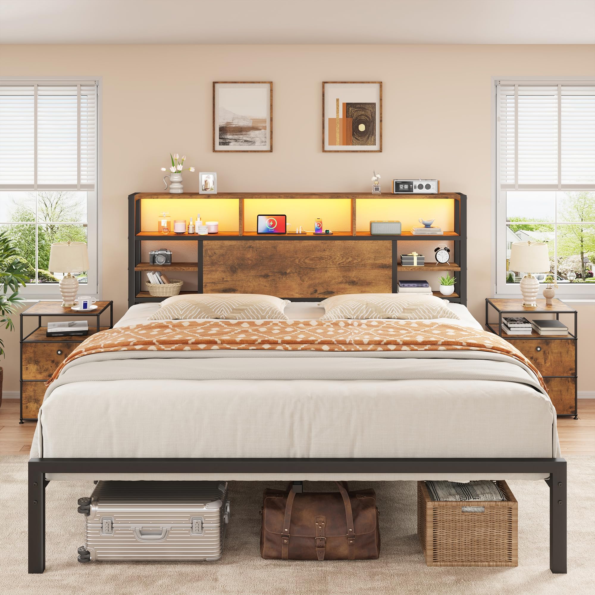 King Size Bed Frame with Storage Headboard LED Lights Charging Station Heavy Duty Metal Platform Bed for Bedrooms