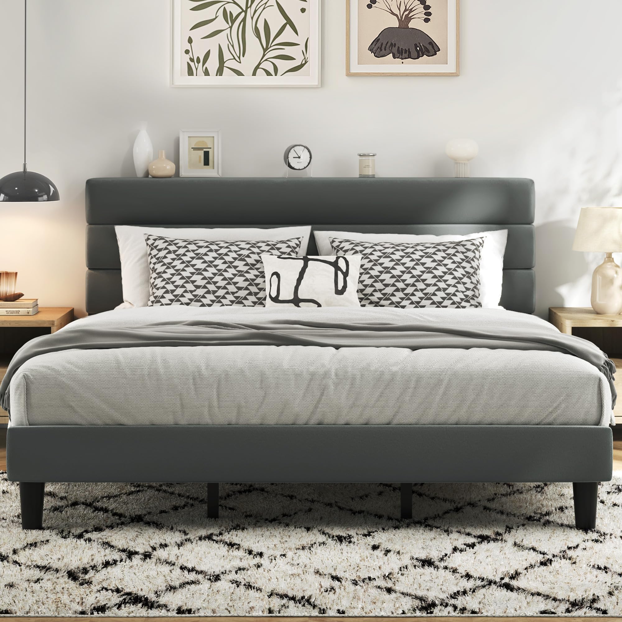 Fluest King Size Bed Frame with Velvet Upholstered Headboard