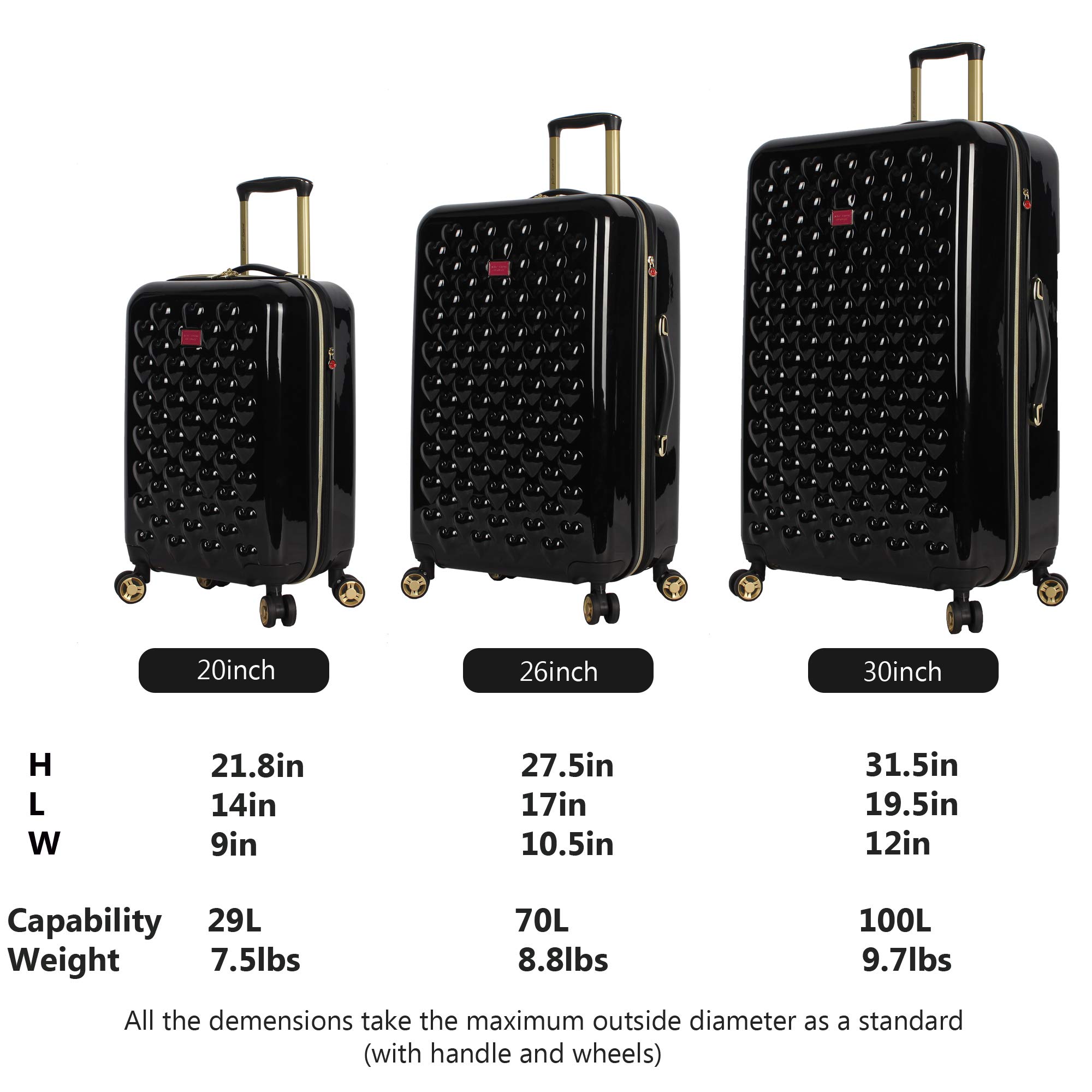 Betsey Johnson Designer Luggage Collection - Expandable 3 Piece Hardside Lightweight Spinner Suitcase Set (): Heart to Heart Black