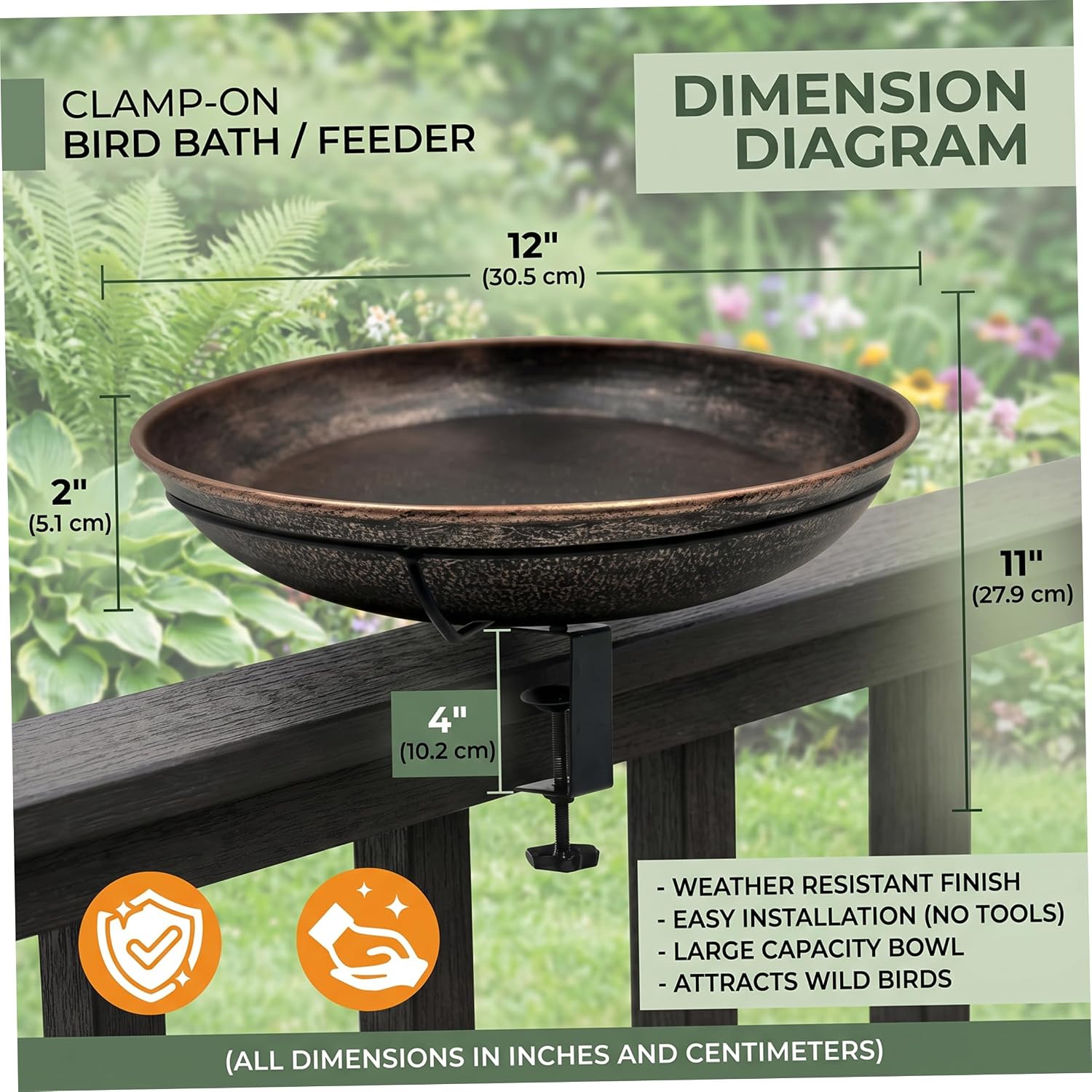 Small Bird Bath, Adjustable Clamp Bird Bath for Deck Railing Dual-Function Metal Birdbath & Fence Feeder, Bronze..