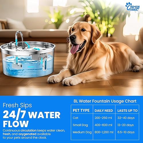 Miniatura 7 de Fuente de agua para perros de acero inoxidable, dispensador de agua automático grande de 8 litros para gatos, perros y otras mascotas, fuente