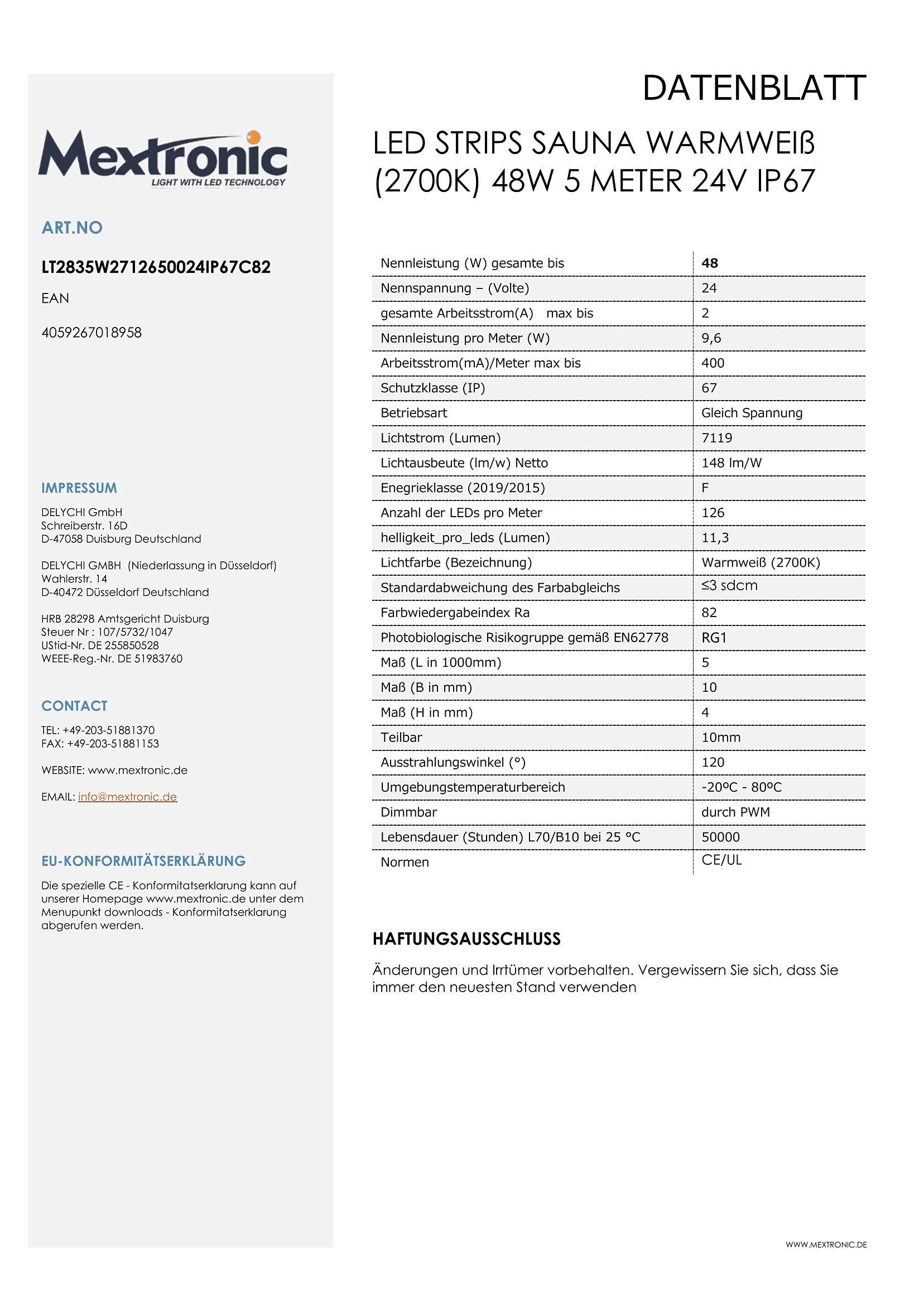 Mextronic LED-Streifen/Sauna-LED-Band: Hitzebeständig, 48W, 24V, 5 Meter [Energieeffizienzklasse F]