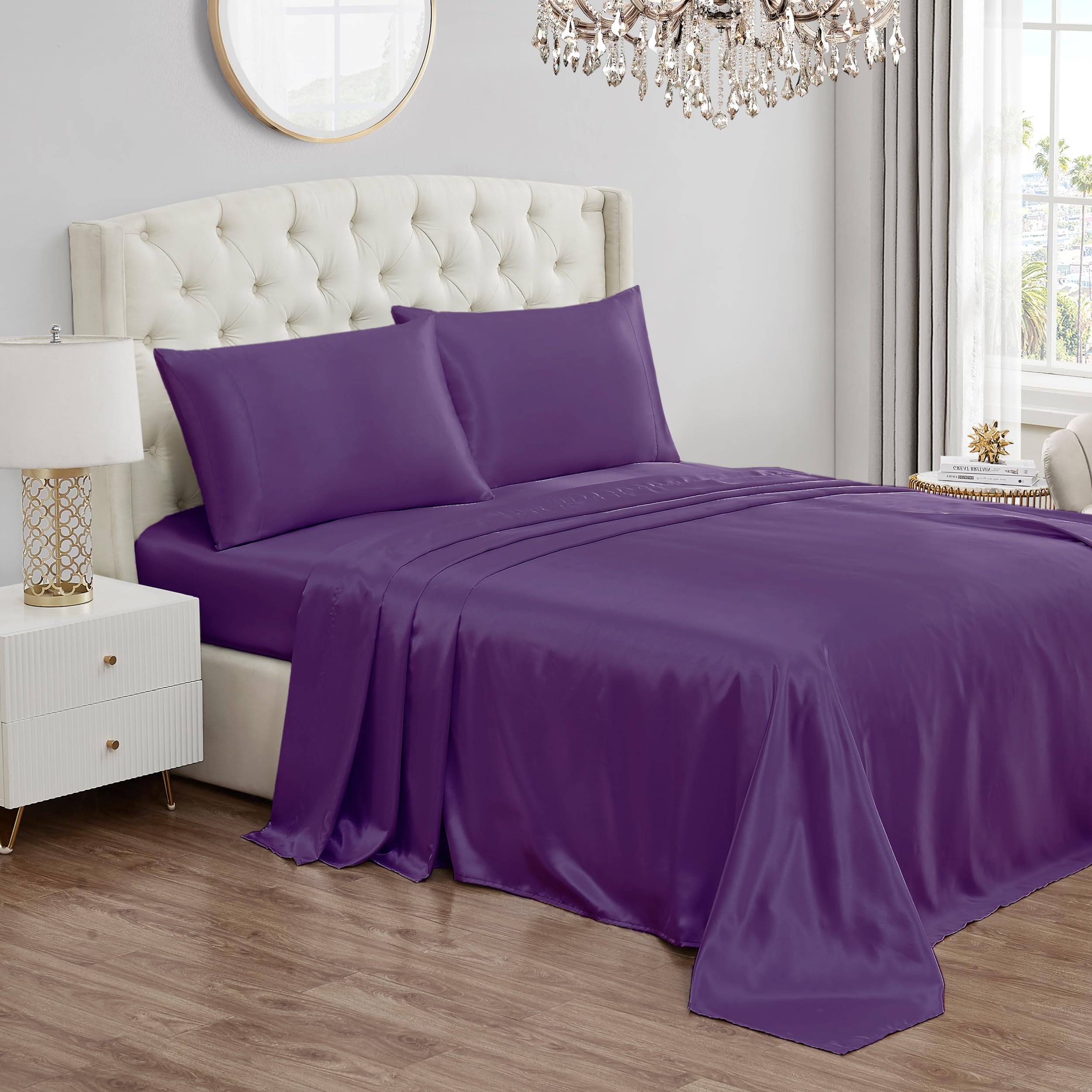 Juicy Couture Twin XL Size Satin Bed Sheet Set, Deep Pocket Silky Twin XL Sheet Set with 1 Fitted Sheet, 1 Flat Sheet, 1 Pillow Case, Wrinkle Resistant and Anti Pilling Bed Sheets - Purple